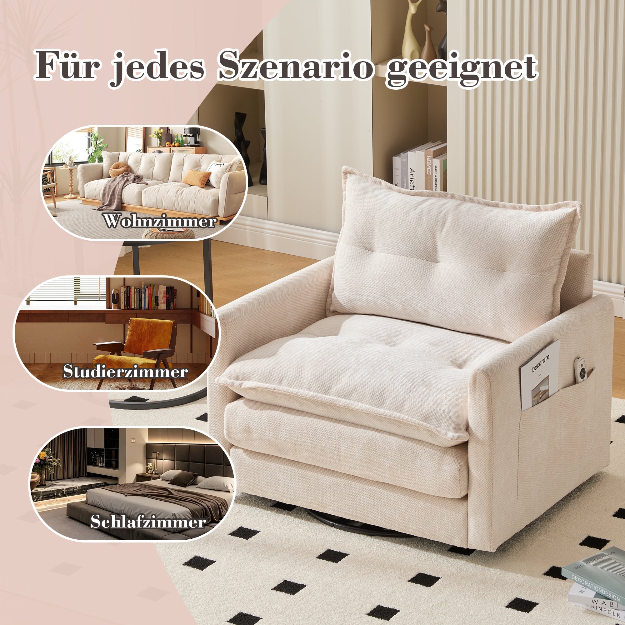 Lounge Chair, 360° Rotating, Armrests & Cushions, Modern Style