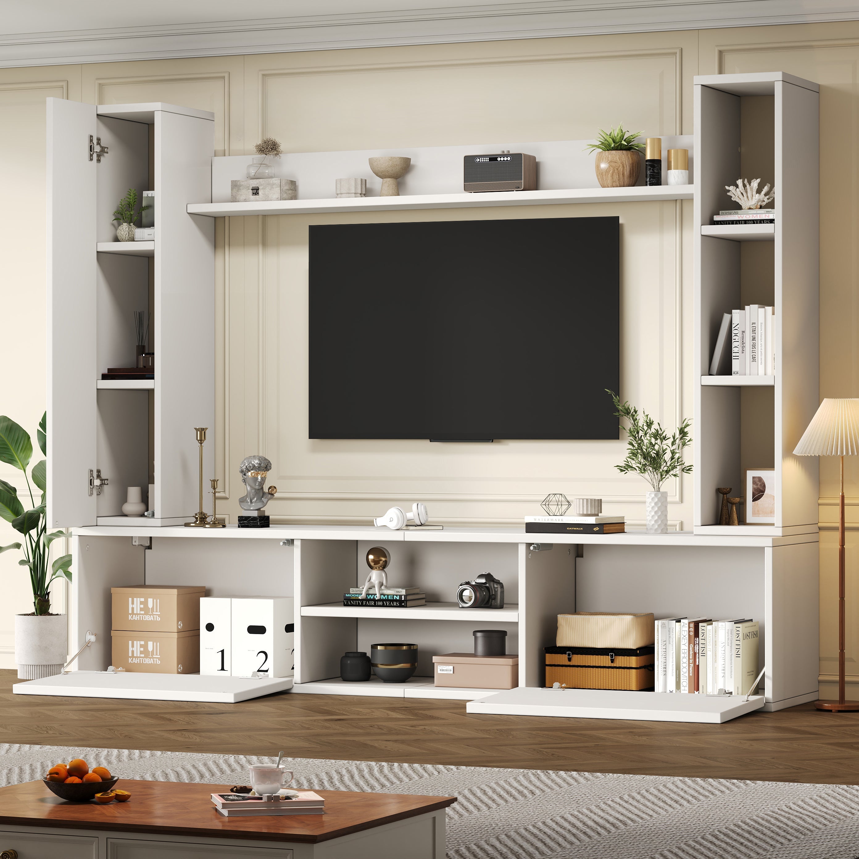 TV Wall Unit Set, 4-Piece Media with Display Cabinets, TV Board, Shelves, White