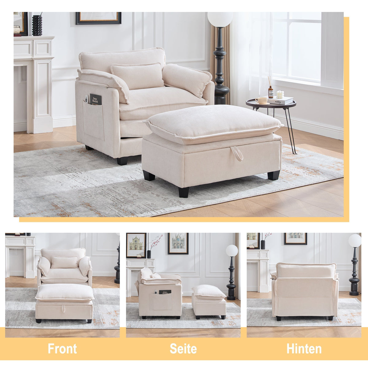 Modern Oversized Armchair with Footrest Stool & Side Pockets, Velvet
