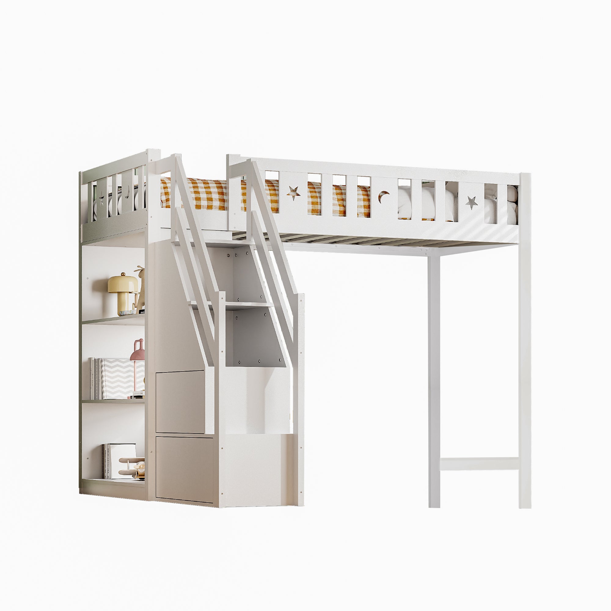 Loft Bed with Storage Ladder & Shelves, Single Wooden, Solid Wood Frame, White