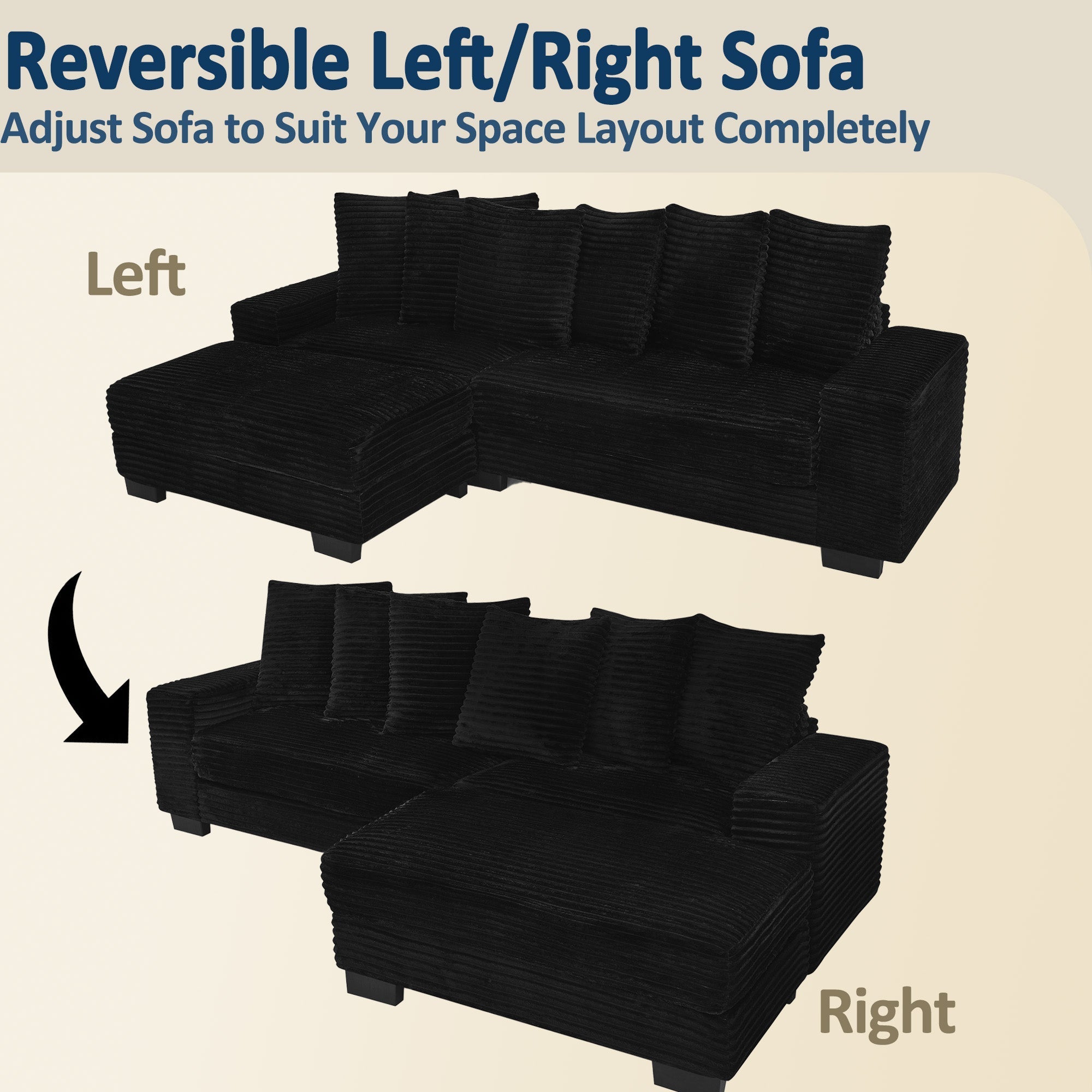 L-Shaped Corner Sofa 4-Seater Modular with 6 Cushions Corduroy Black