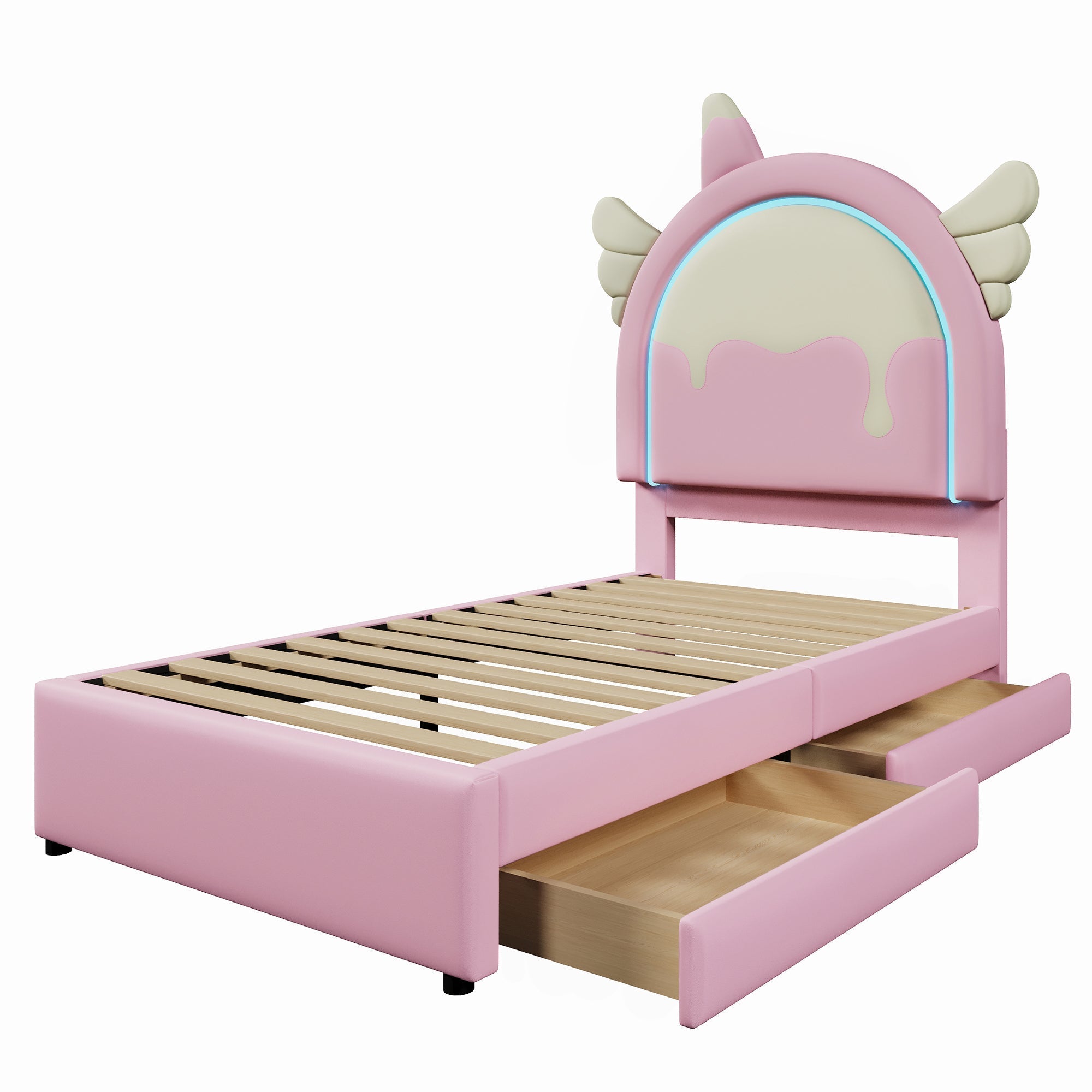 Upholstered Bed 90x200cm Unicorn Shape Light Strip 2 Drawers - PU Pink