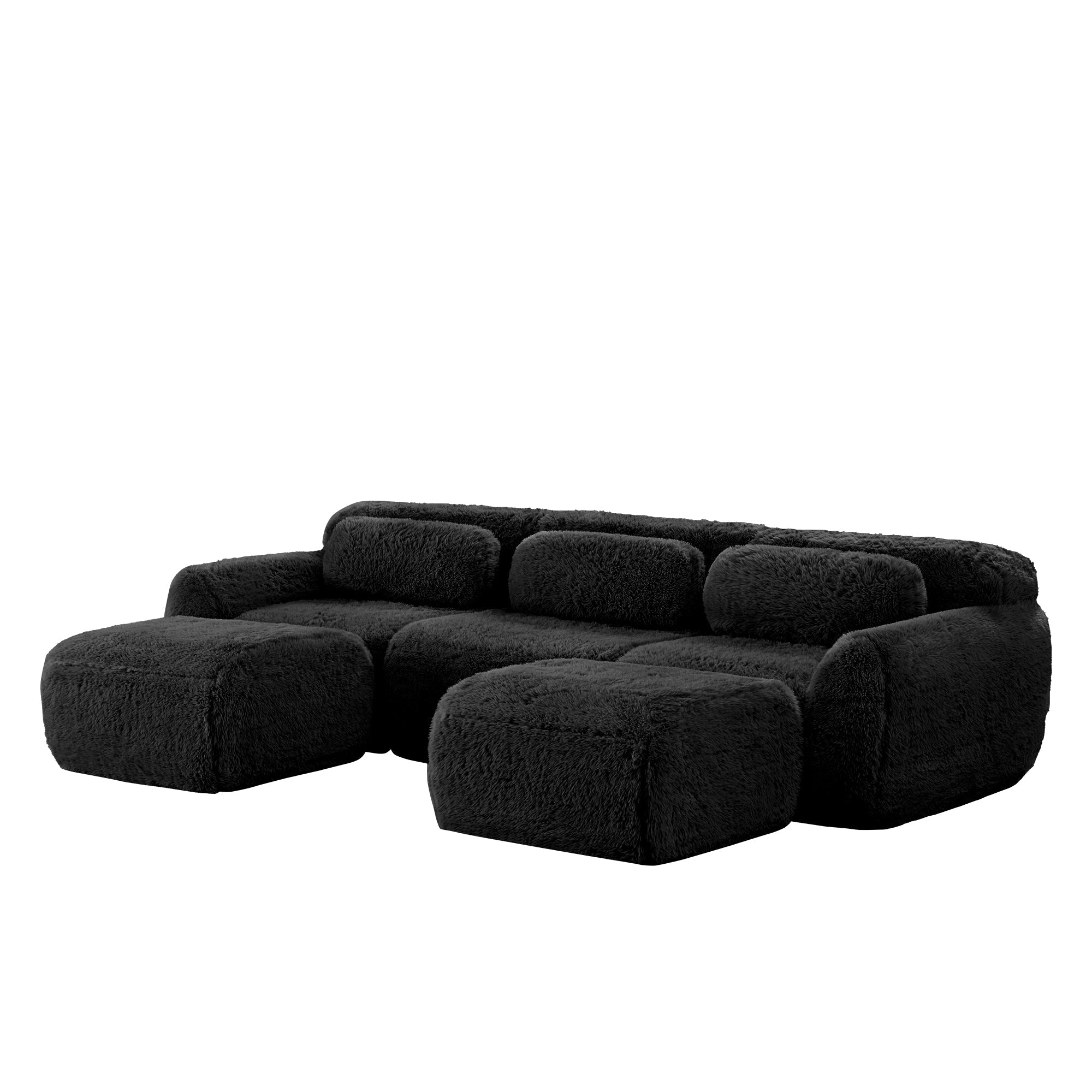 U-shaped Modular Sofa Plush Fabric No Assembly With Cushions - Black