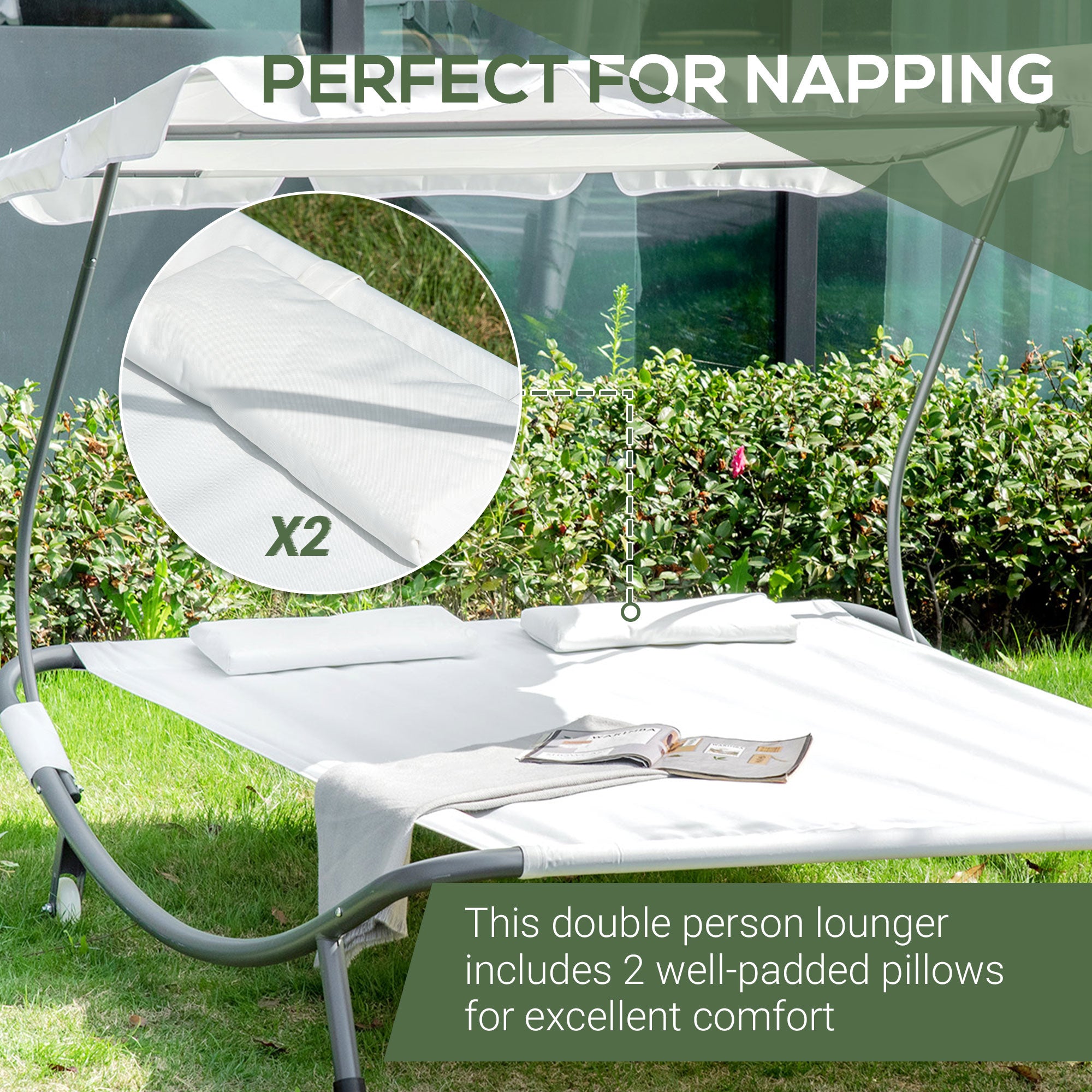 Double Sun Lounger Garden Daybed for 2 with Canopy Wheels Pillows White