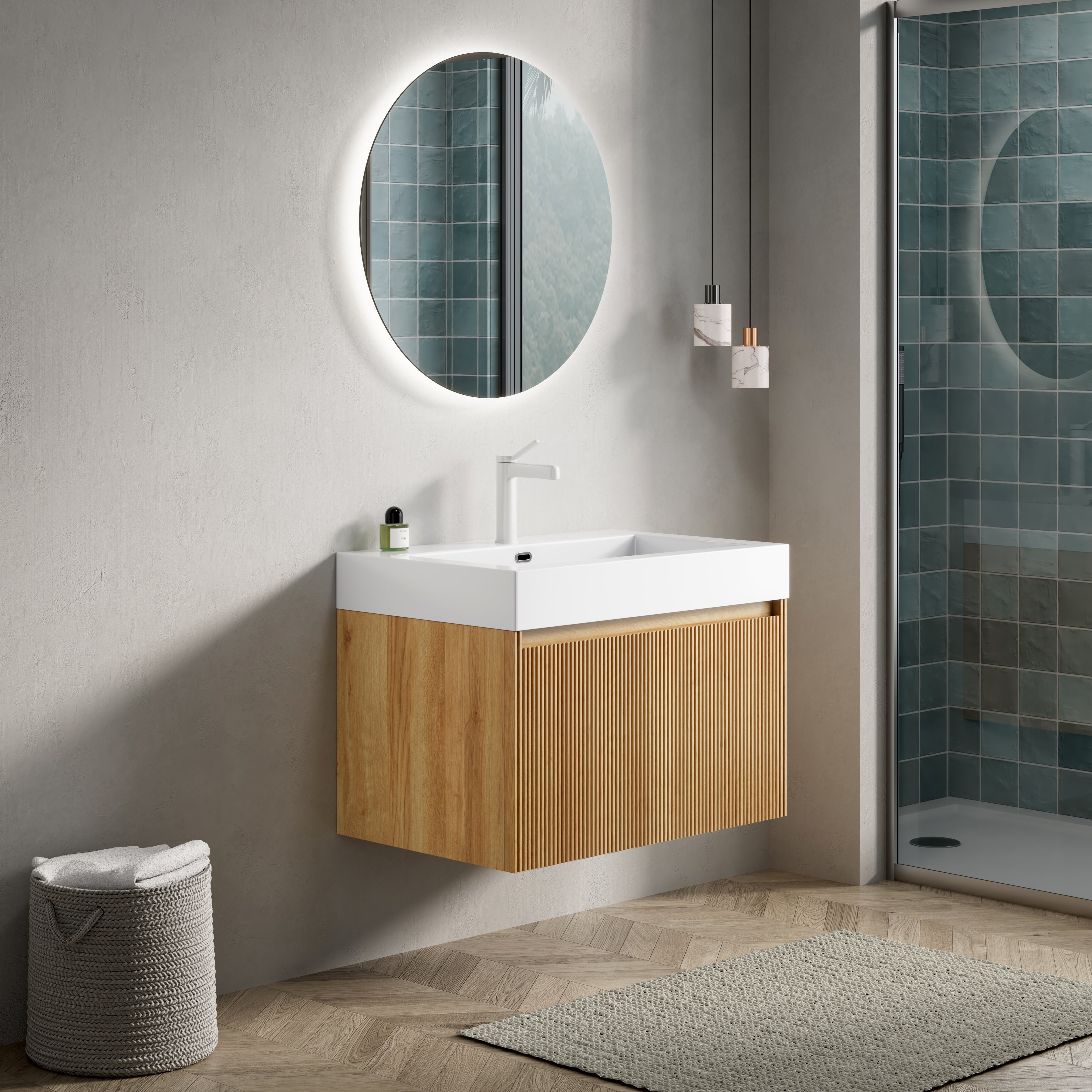 Wall-Mounted Bathroom Vanity Unit with Integrated Basin and Single Drawer, Natural Wood Grain Plywood