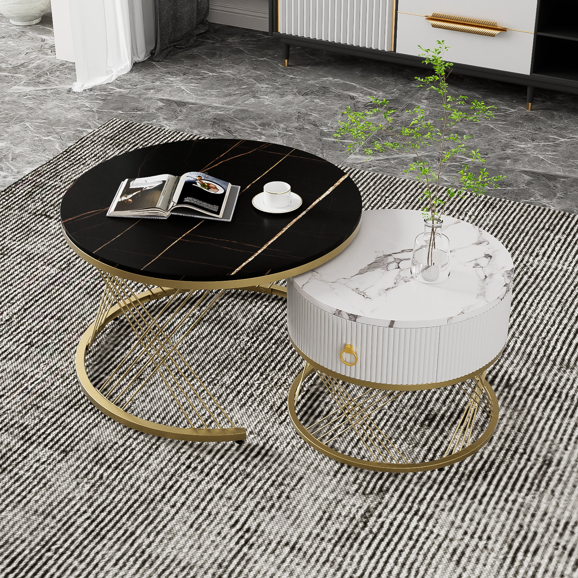 Elegant nesting Coffee Table: Marble Look, Gold Decor, Side Table with Drawers - Set of 2