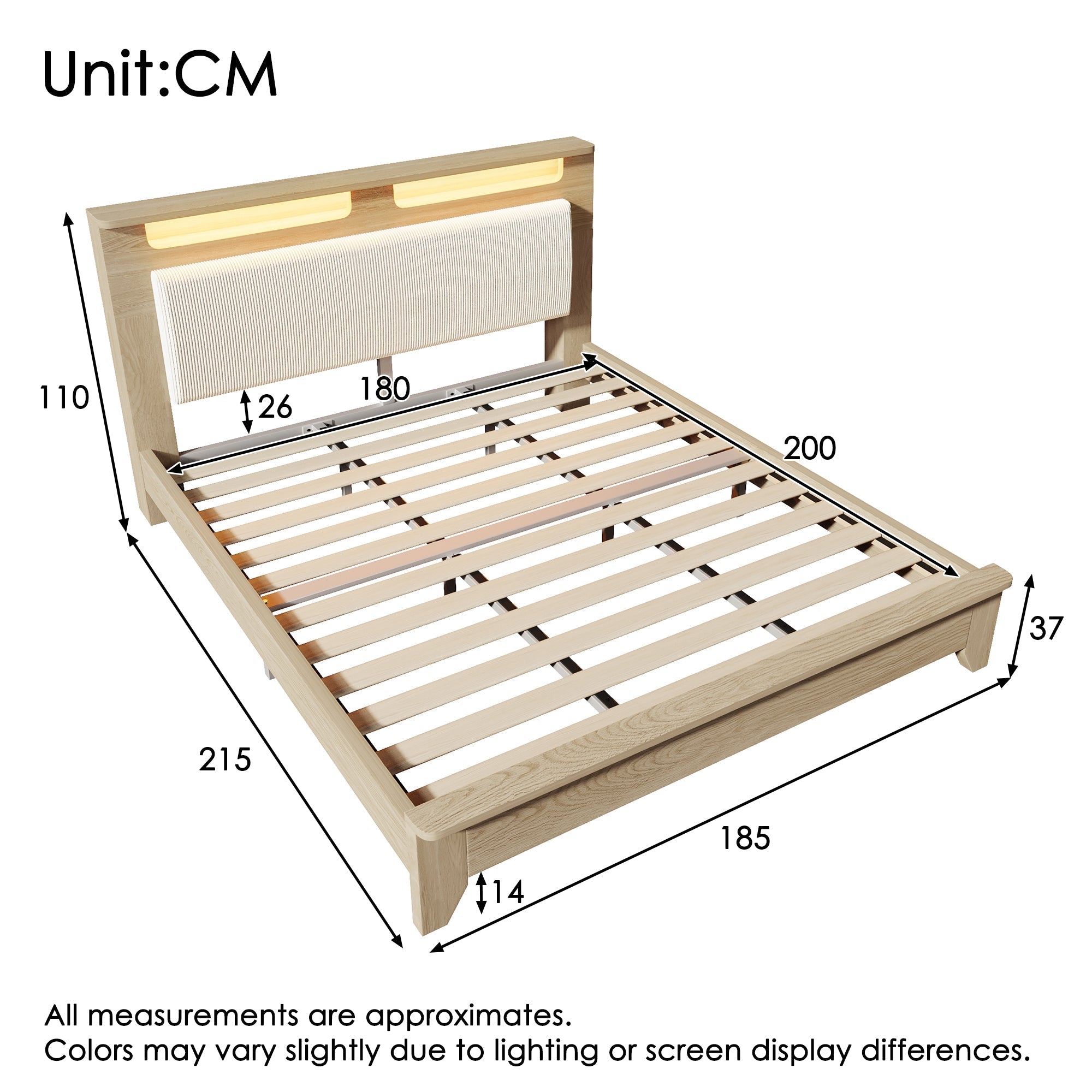 Double Wooden Bed, 180x200cm, Storage Headboard, LED, Corduroy, Light Oak