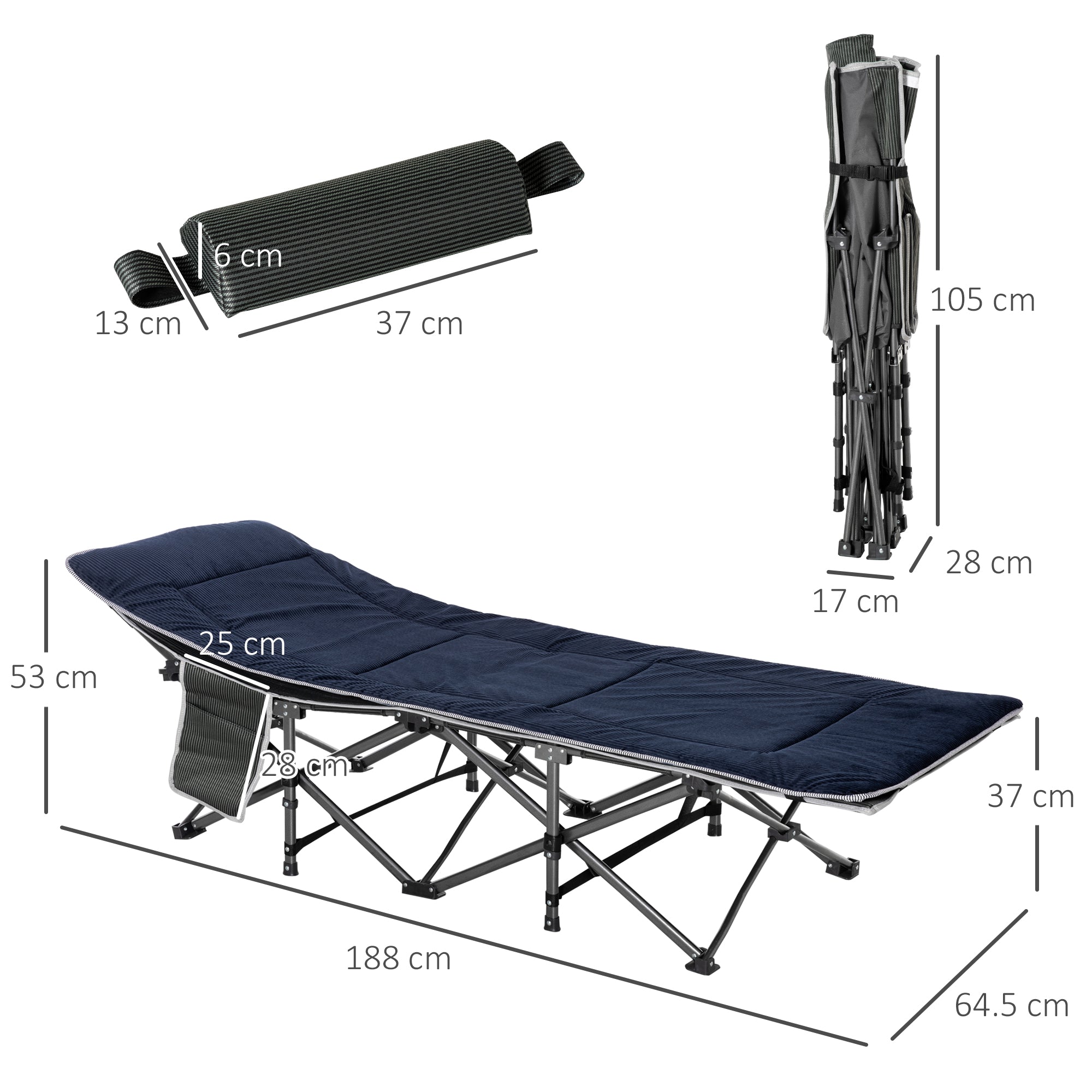 Folding Camping Bed, Portable Guest Bed with Pillow & Side Pocket 150kg, Oxford Dark Blue/Grey