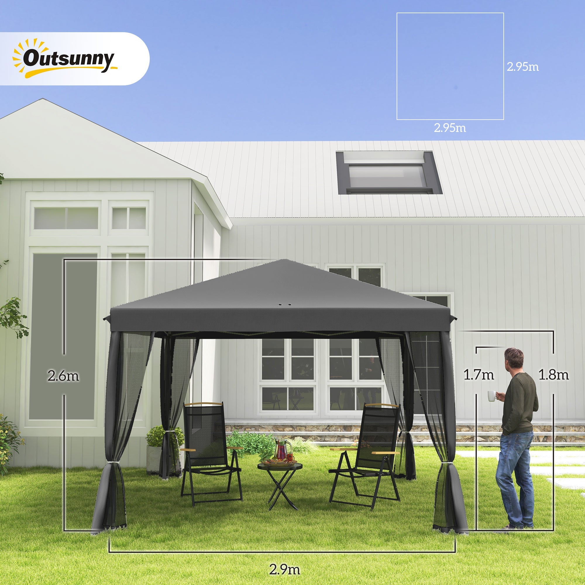 3 x 3 m Pop Up Gazebo, Removable Mesh Sidewall Netting, Light Grey