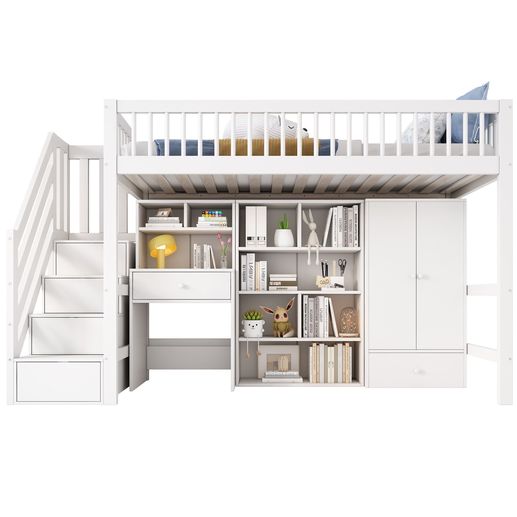 Kids Study Bed with Desk & Stairs - Multifunctional Single Bed Frame (UK 90x190cm), Solid Wood & MDF Construction, Built-in Wardrobe & Lockers, White