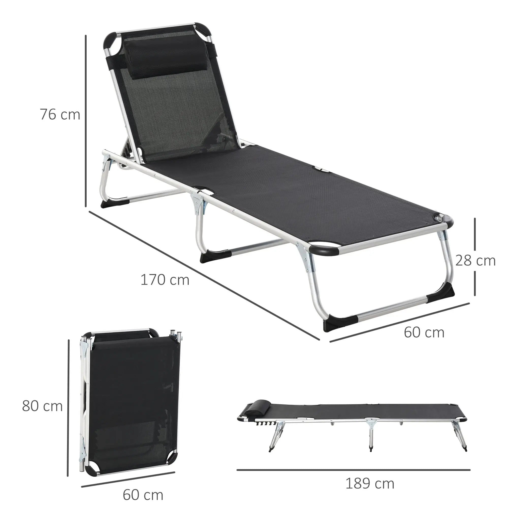 Sun Lounger Adjustable Foldable Ergonomic 170x60x76cm Mesh Fabric Black