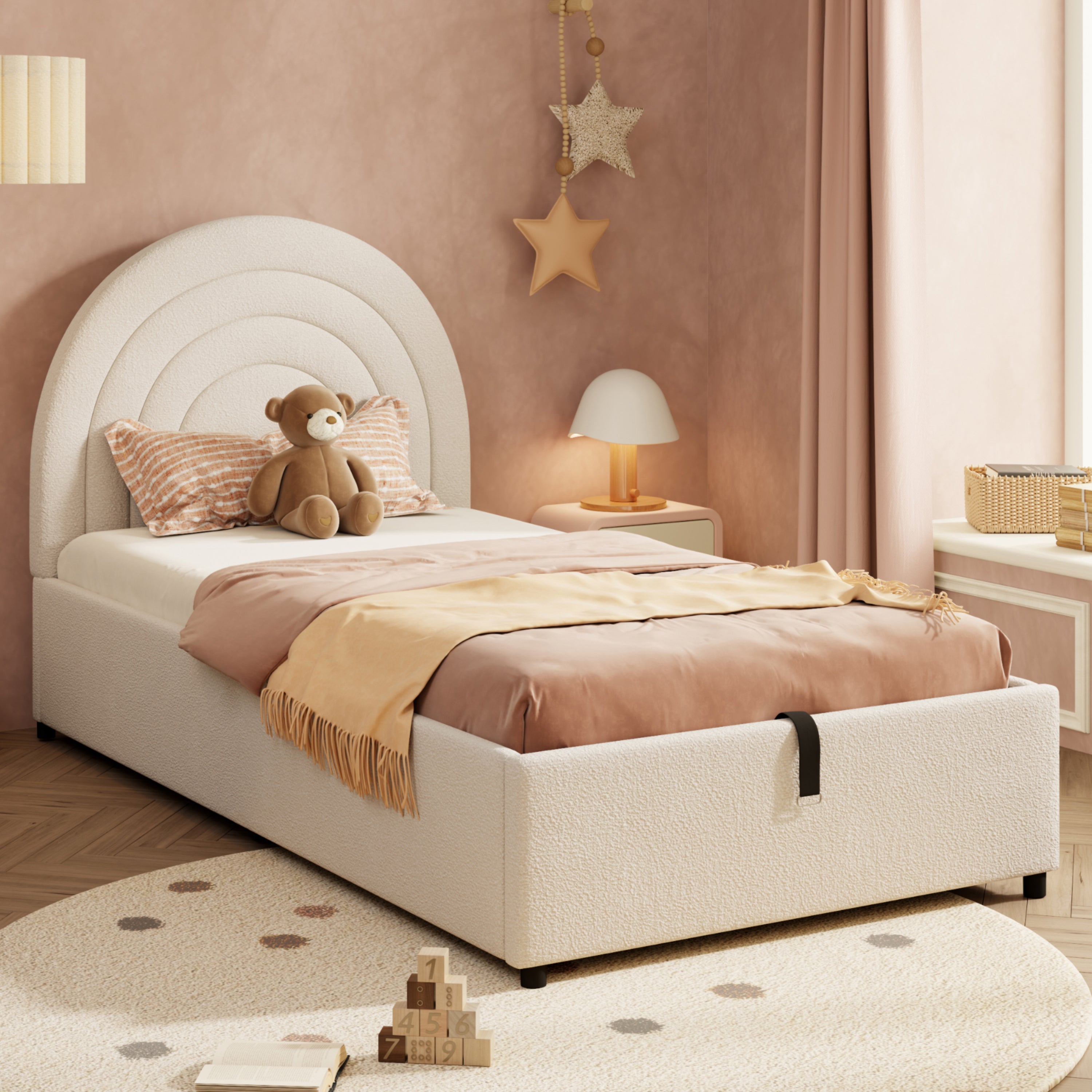Upholstered Single Bed with Slatted Frame and Headboard, Boucle Beige