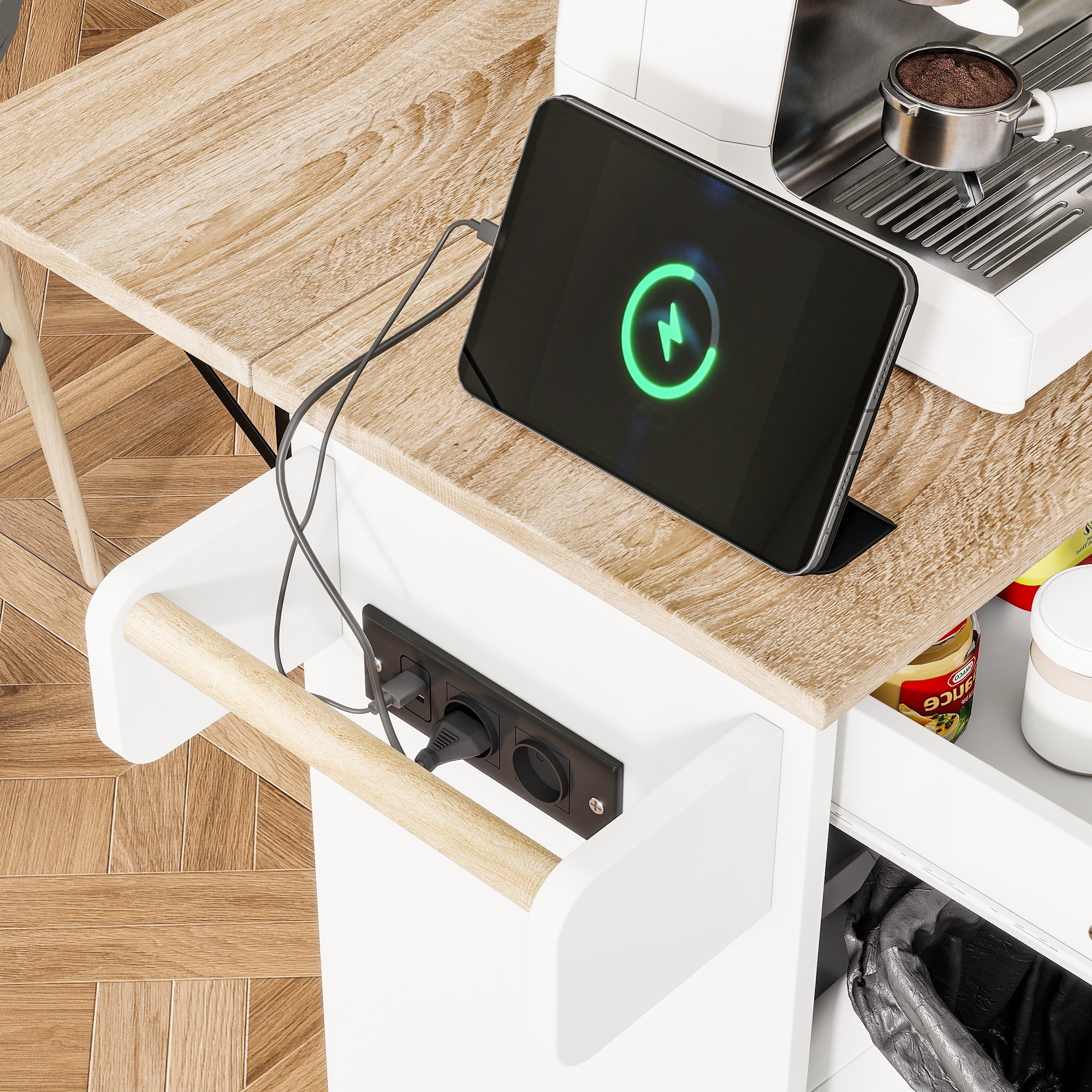 Kitchen Island Trolley with USB Port, Fold-Down Worktop & Storage, White