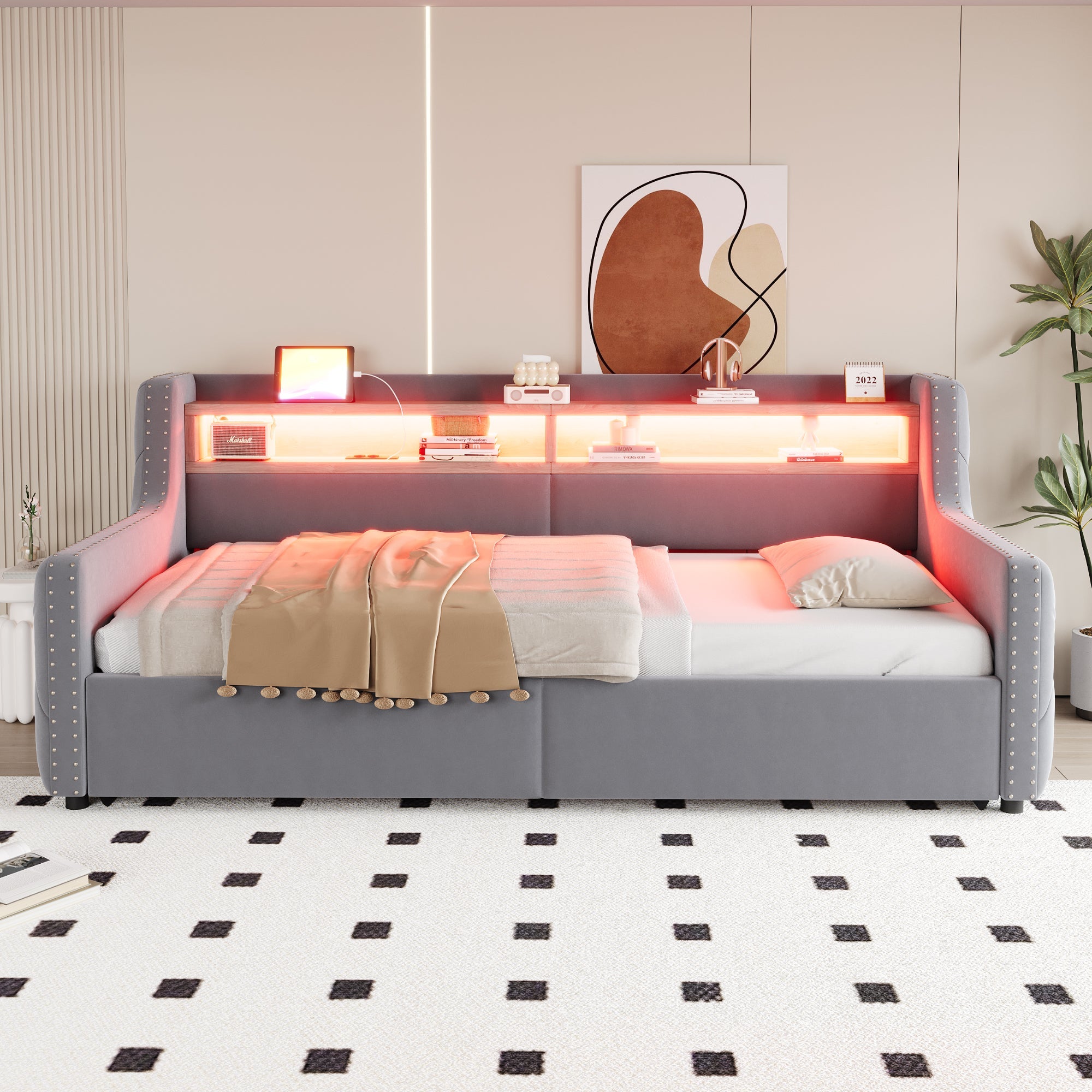 Upholstered Sofa Bed with Hydraulic Storage, LED, and Charging Port, 90x200cm, Light Grey