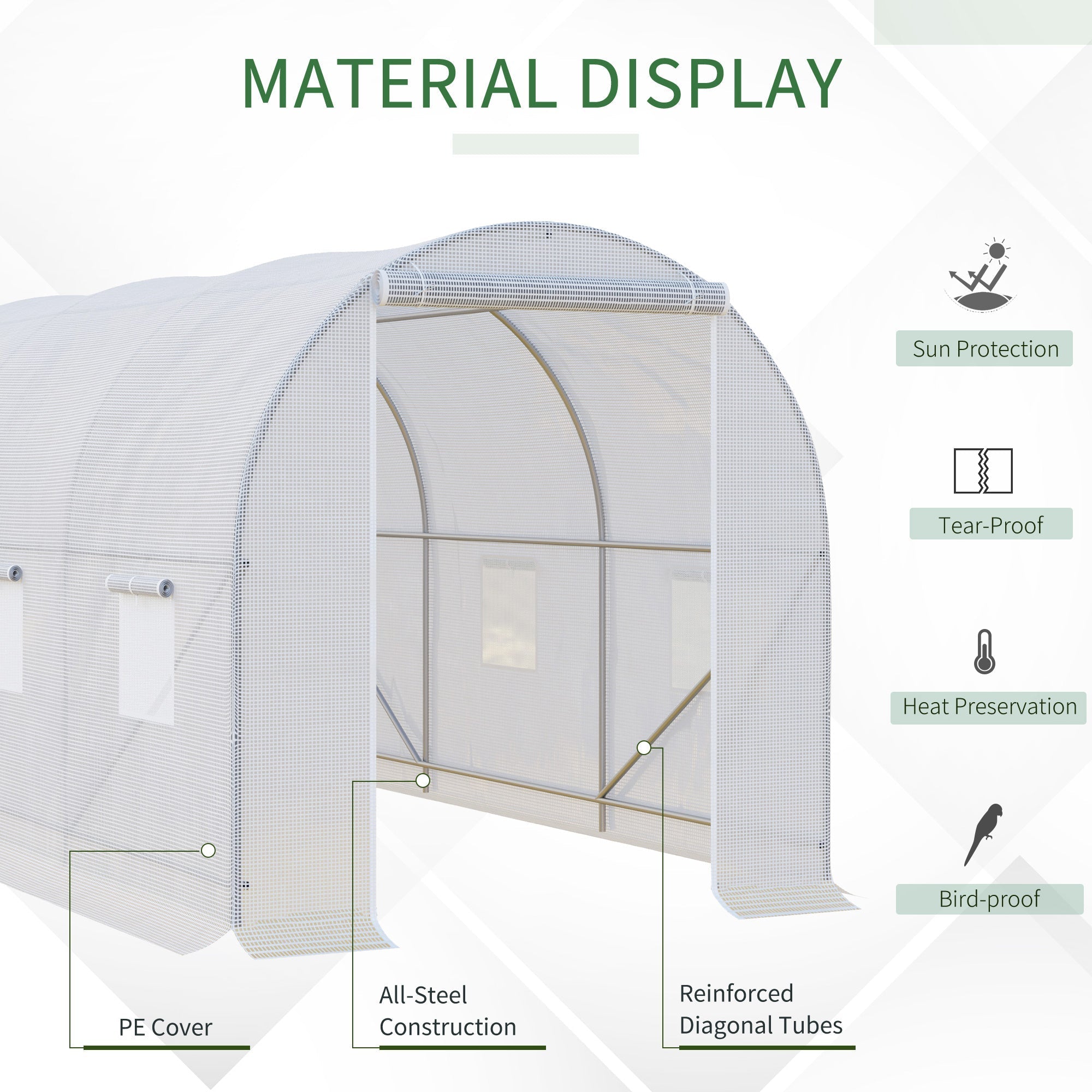 Polytunnel Greenhouse, 3.5 x 2 x 2 m Walk-in with Mesh Windows, Galvanised Steel, White