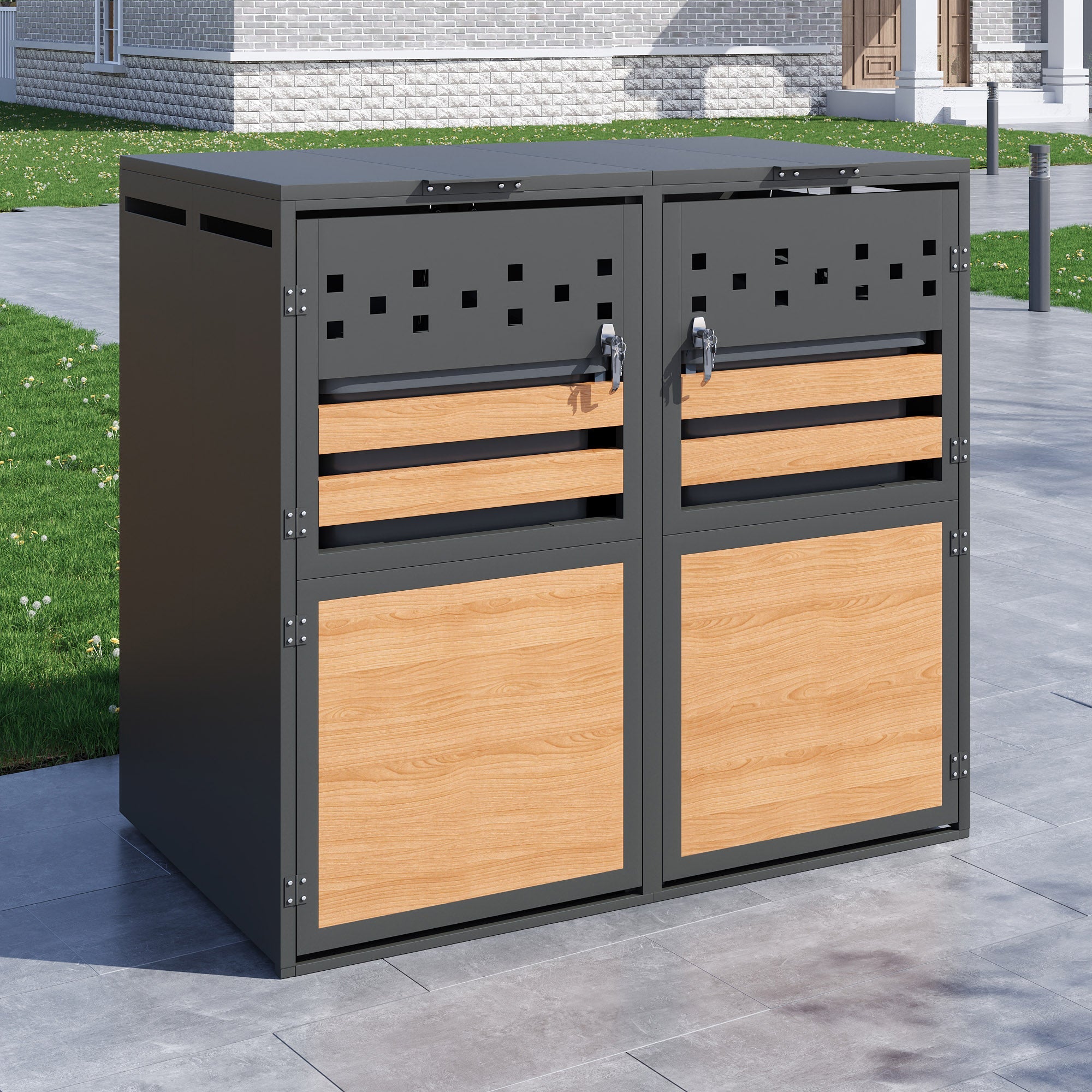 Bin Storage Box with Hinged Lid, Lockable Two Doors and Diamond Cutouts, Wood Grain Panels
