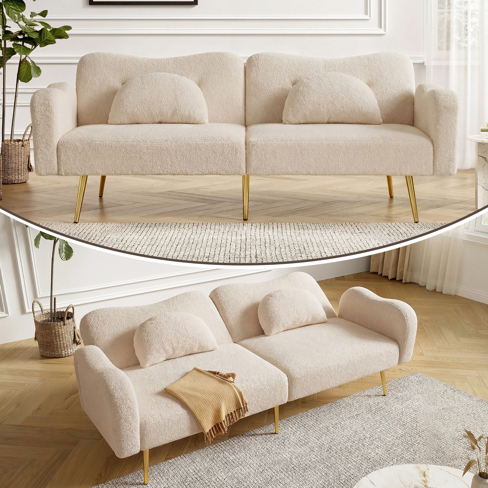 Sofa Bed 2-Seater Adjustable Backrest Gold Metal Feet