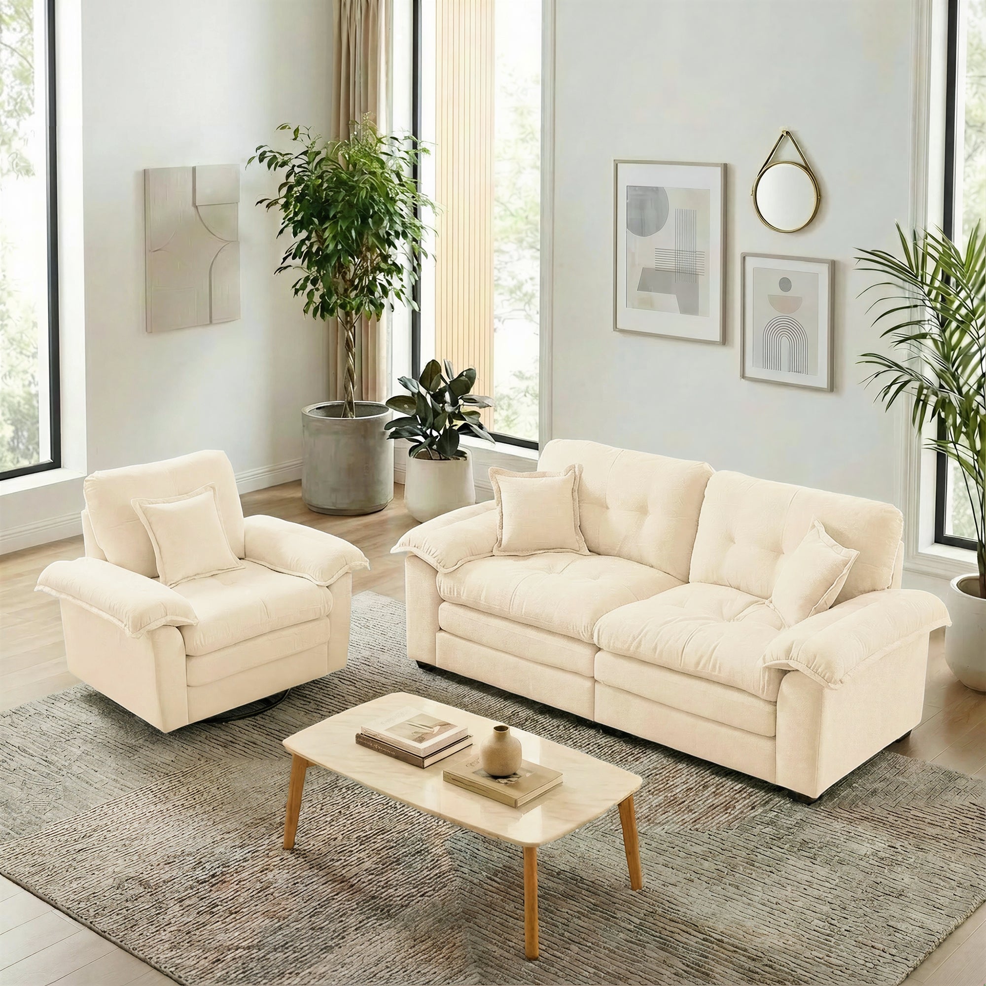 2-Piece Sofa Set Single Loveseat Double Cushion - Chenille