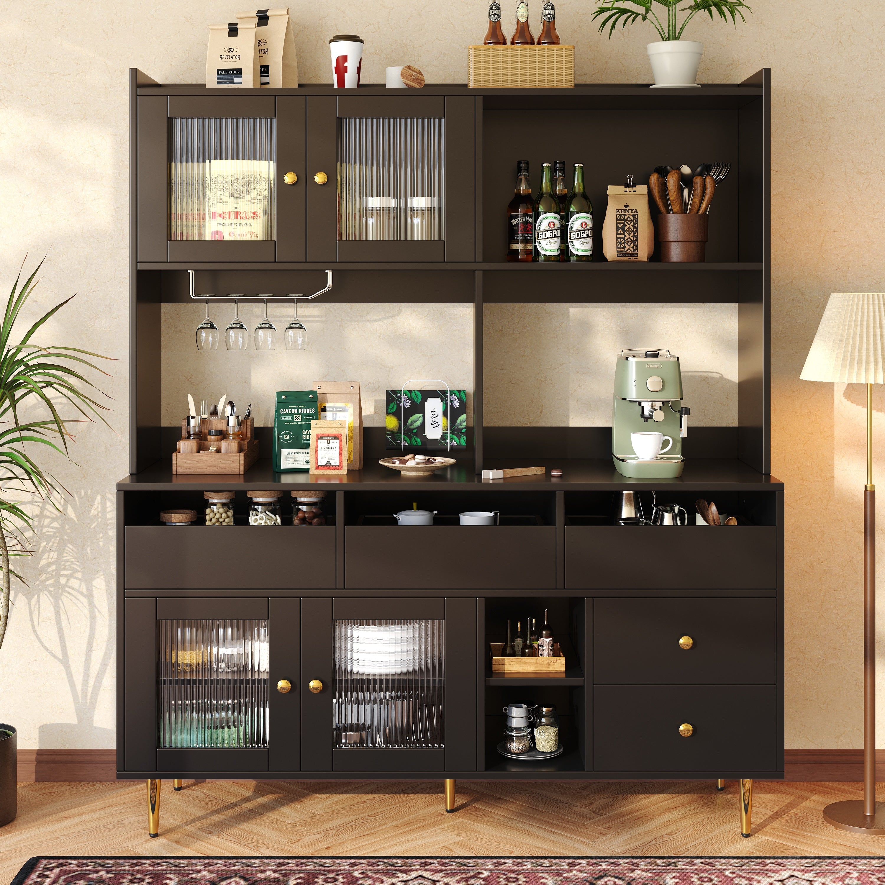 Multi-purpose Storage Cabinet with Changhong Glass Door, Wine Glass Holder, and Multi-layered Storage Space, Black with Gold Decoration