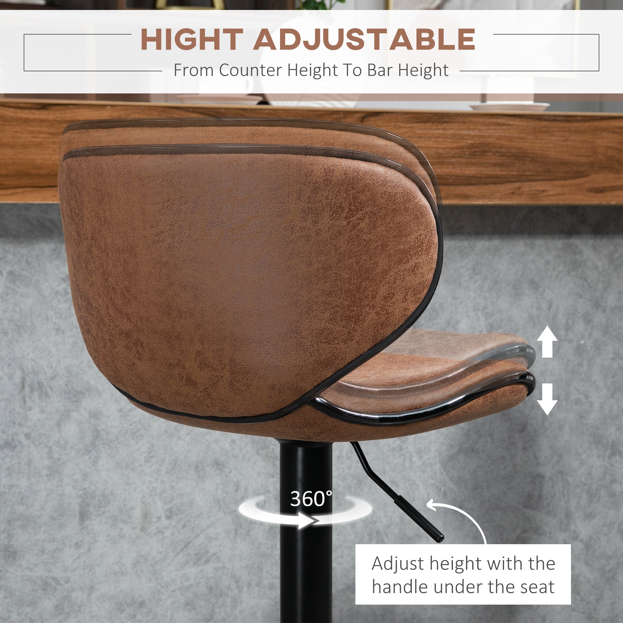 Bar Stool Set of 2, Adjustable Height Armless with Swivel Seat, Microfiber Cloth, Brown
