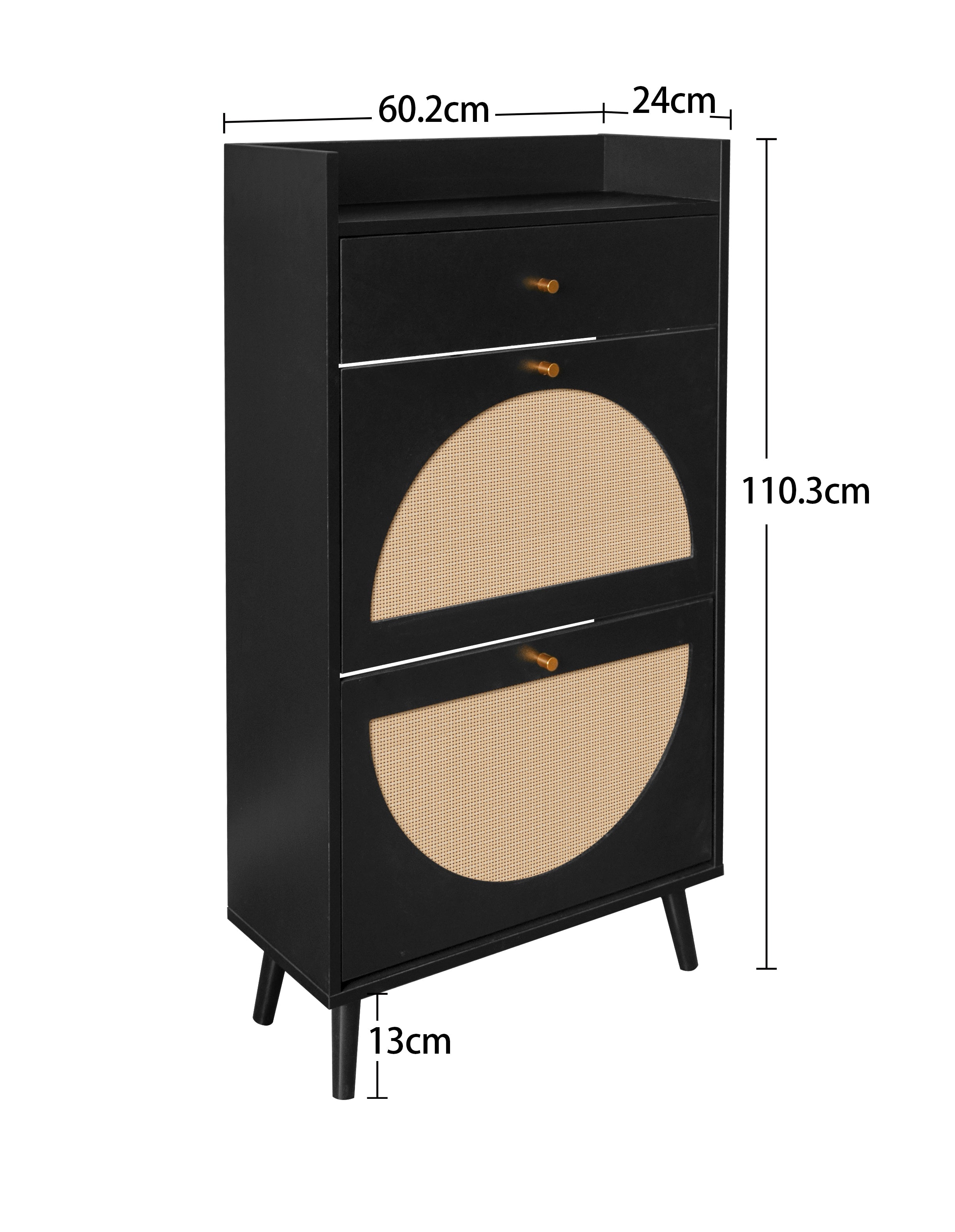 Shoe Cabinet with Two Doors, Drawer, Double Shelf, Black Rattan