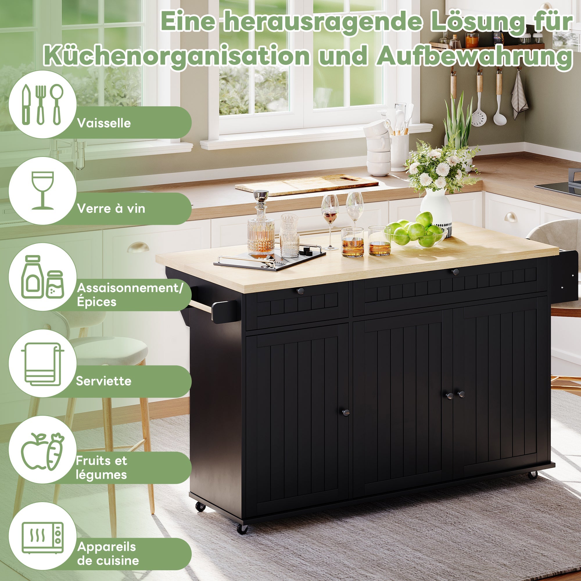 Kitchen Island Cabinet with Fold-Down Worktop, 6 Rolling Casters & Storage Drawers, Black