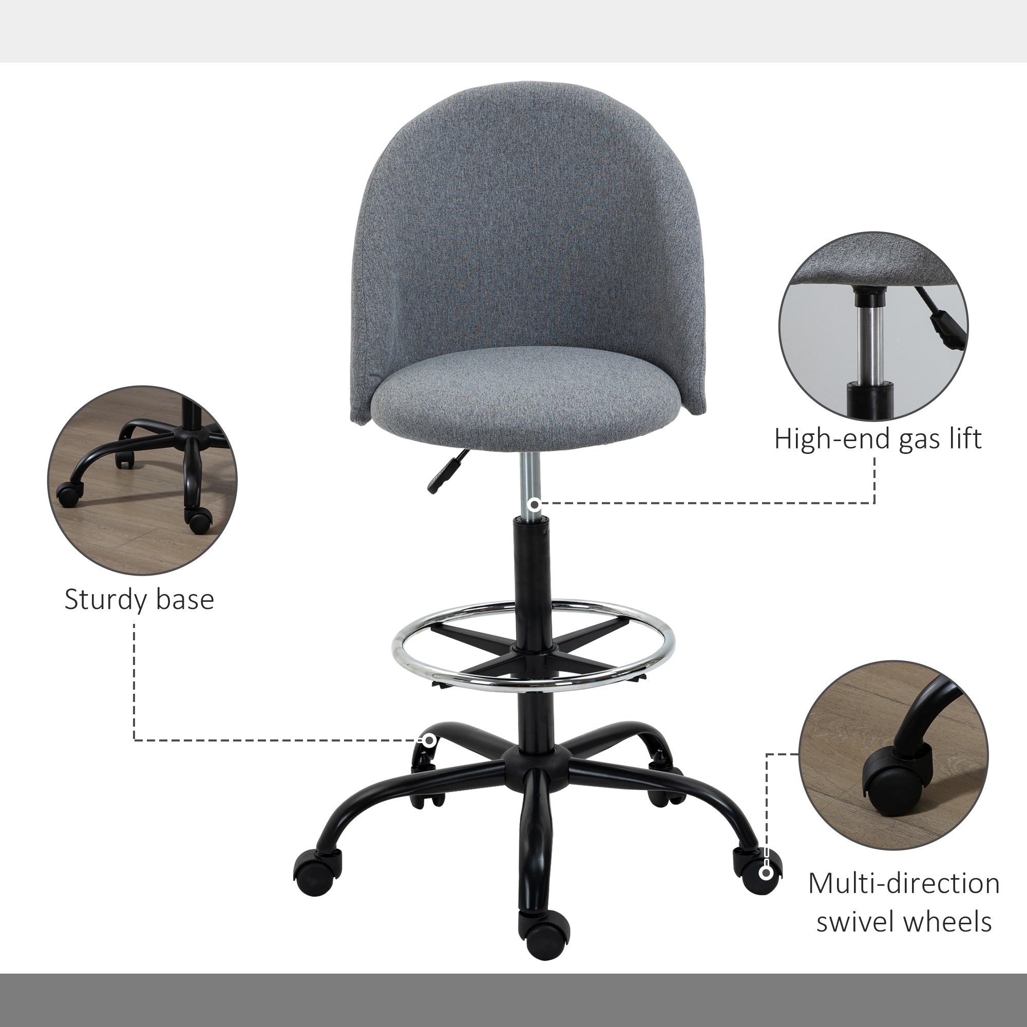 Ergonomic Drafting Chair Adjustable Height 360° Swivel Grey