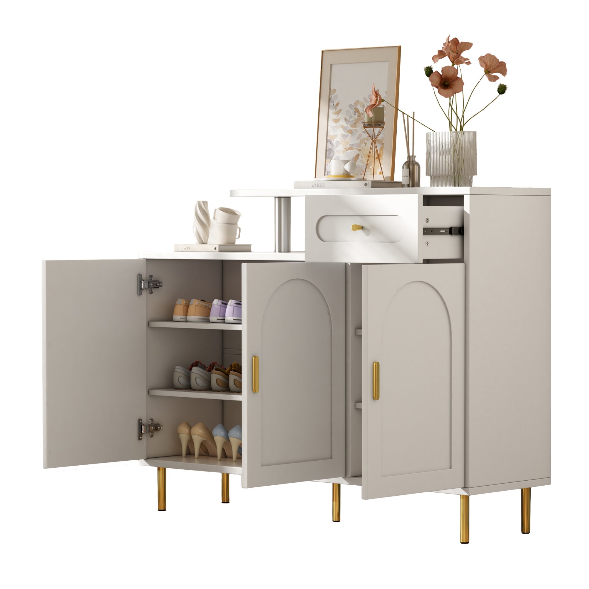 Chest of Drawers with Metal Handles, 1 Drawer, 3 Doors, on Metal Feet, White