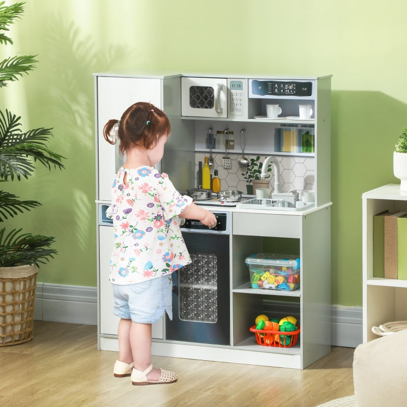 AIYAPLAY Play Kitchen Set, Stainless Steel Dishes, Stove, Sink with Water Circulation, Light & Sound Effects, White