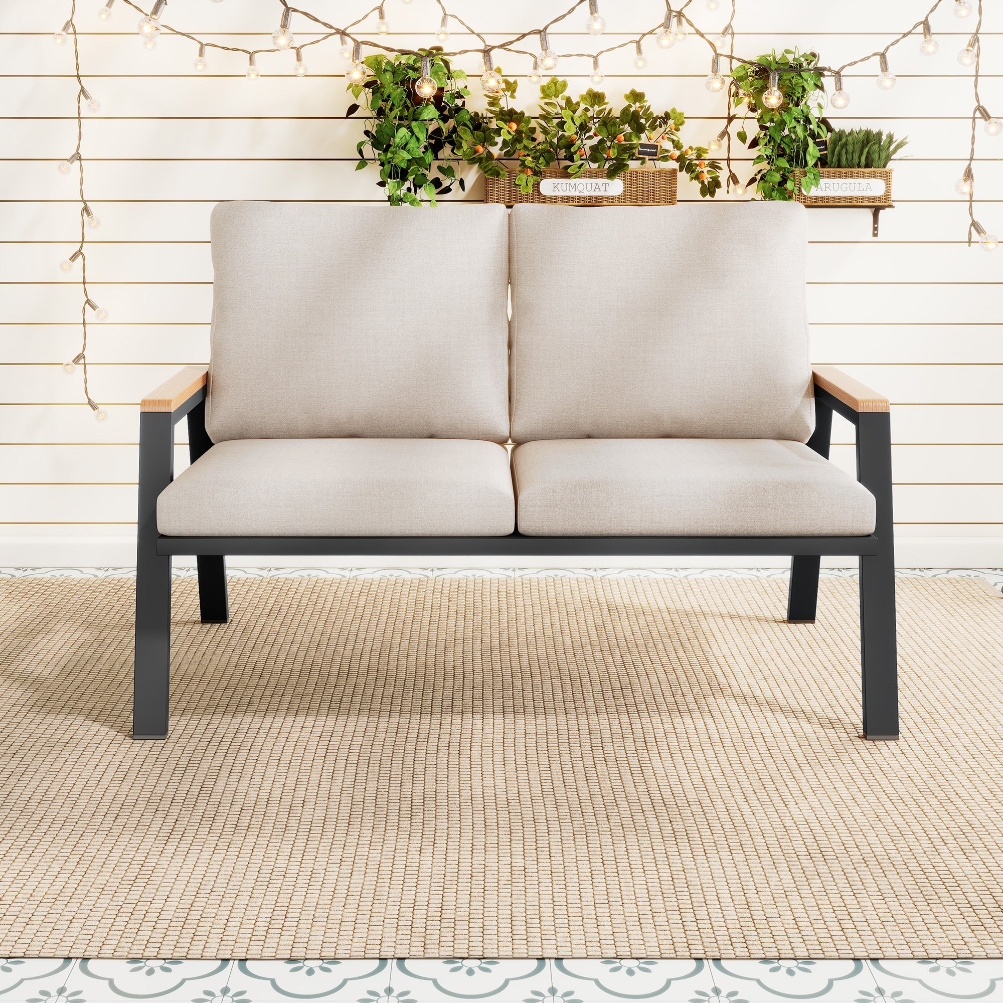 Garden Furniture Set, 2-Seater Outdoor Sofa with Wood-Plastic Composite Handrails, Grey-Beige Galvanized Steel