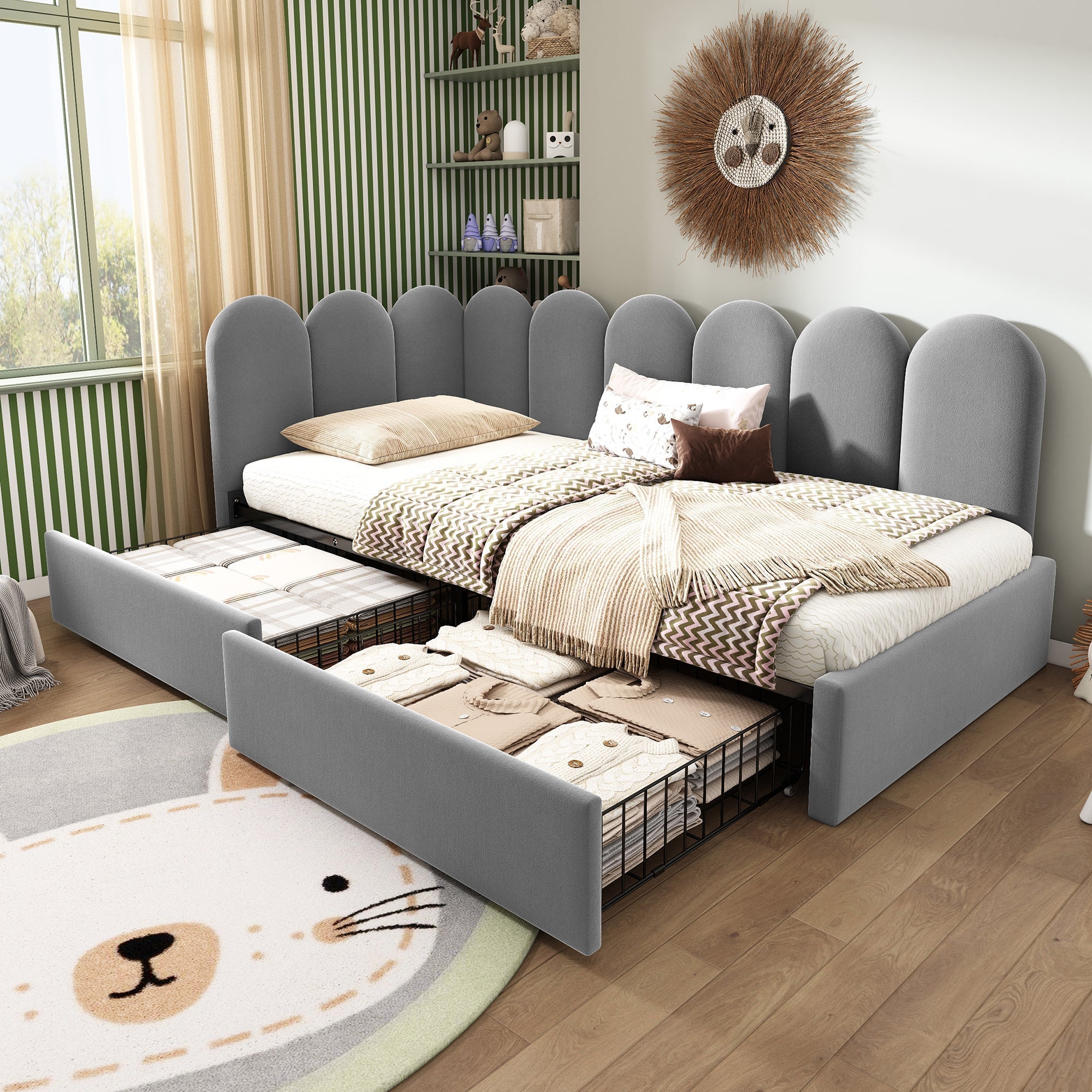 Upholstered Daybed with Drawers and Slatted Frame, 90x200cm, Gray Velvet