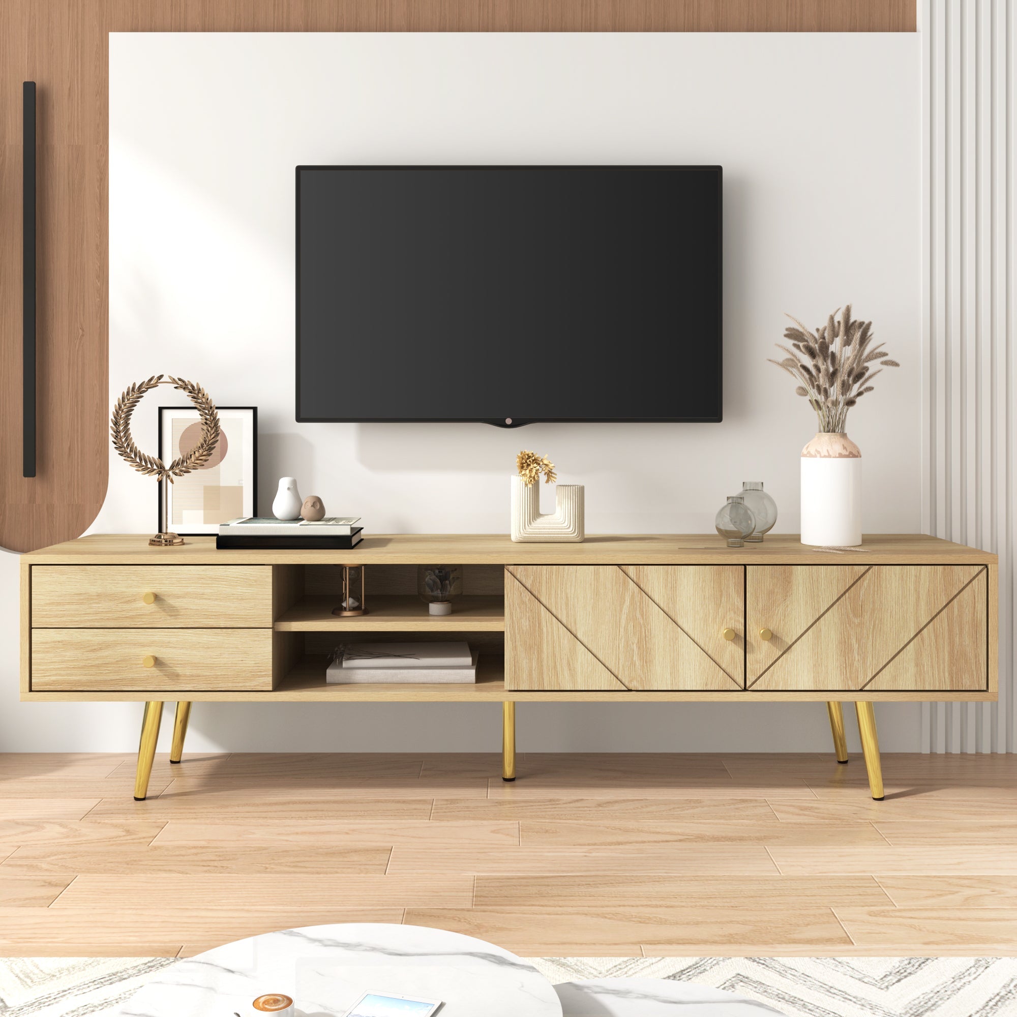 TV Cabinet 160cm, Gold Feet, Two Drawers, Unique Doors