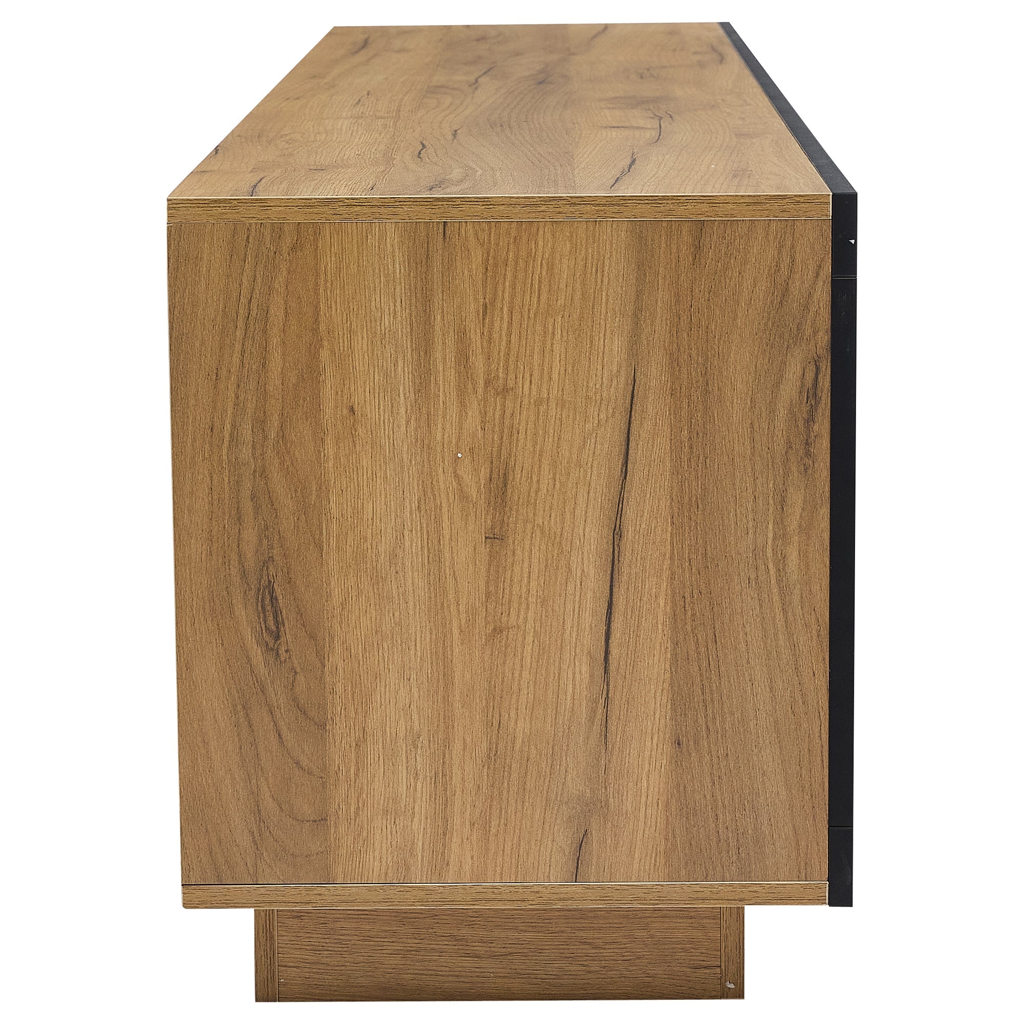LED TV Cabinet Lowboard Console with Glass Shelves Storage for 70/65/55 Inch TVs, Black + Oak