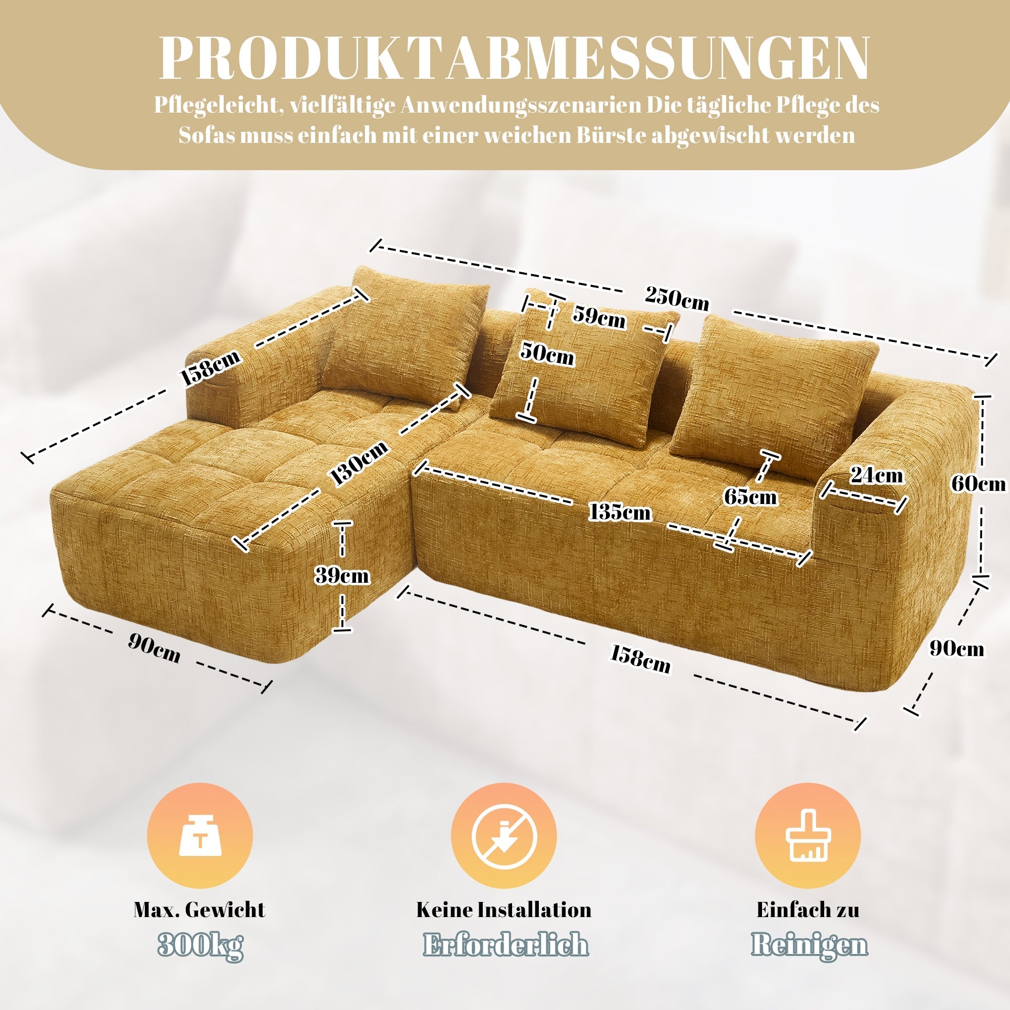 Sectional Sofa L-Shaped 3-Seater Chaise No Assembly Chenille Yellow