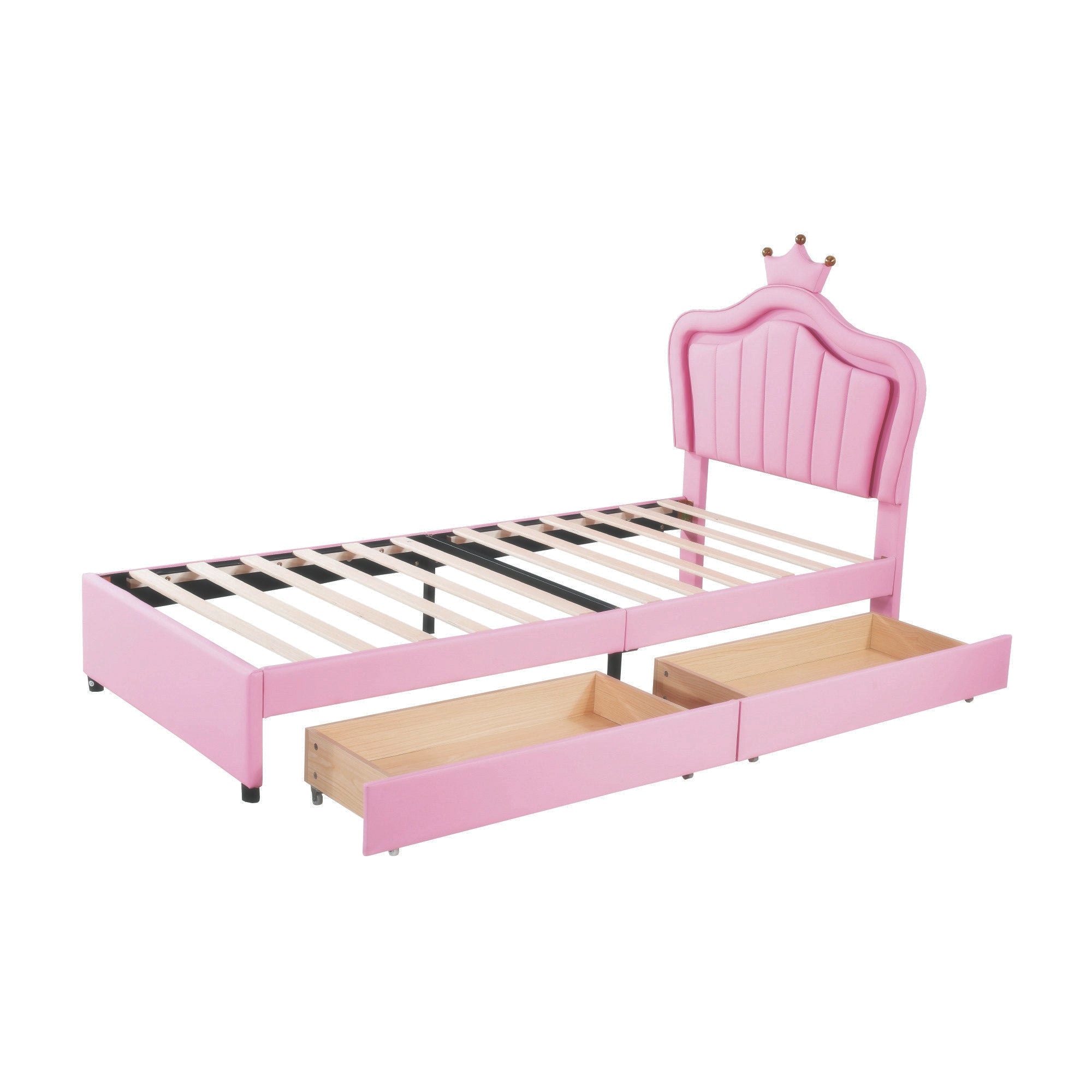 Children's Bed, Upholstered with Storage Drawers & LED Lights, Pink PU Leather