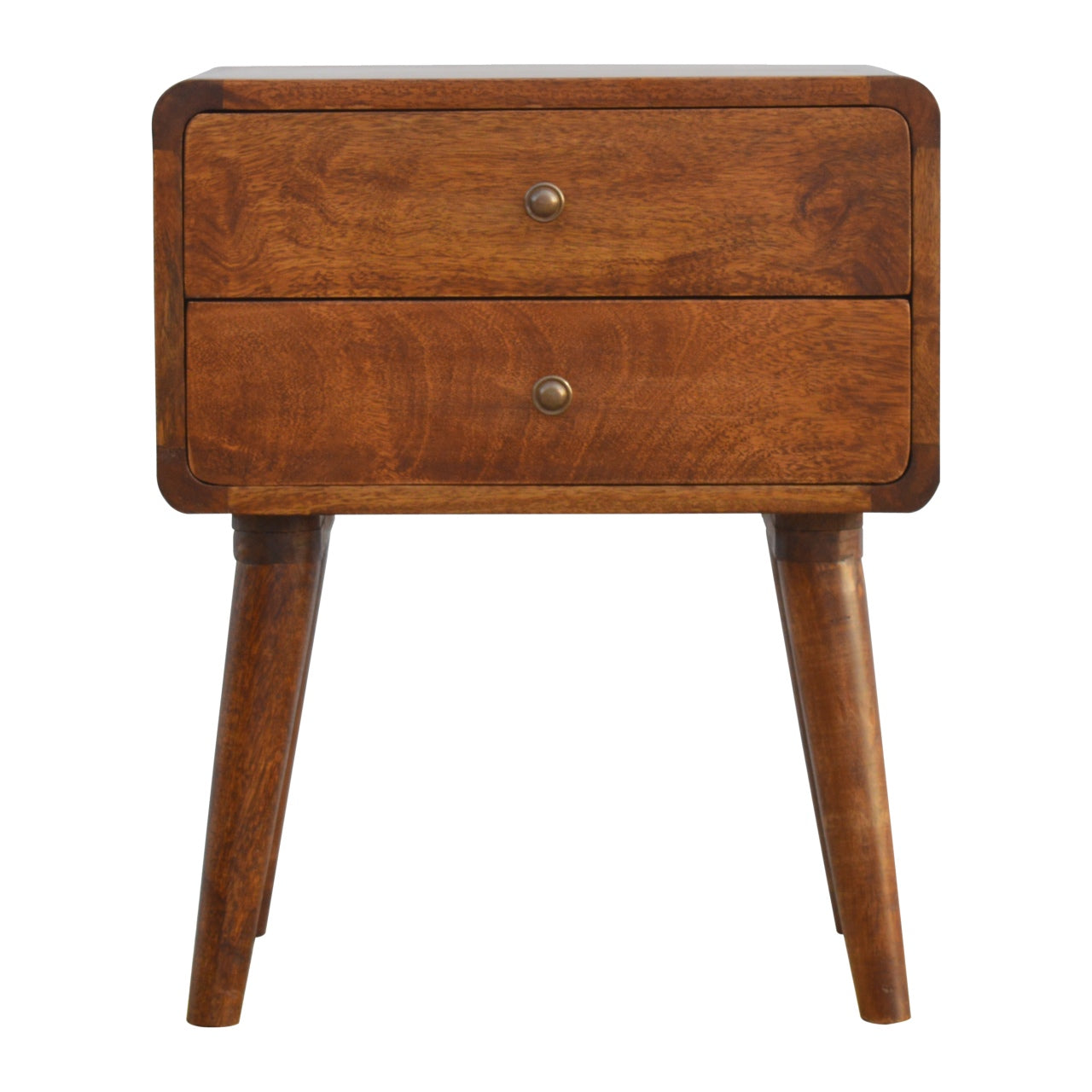Solid Wood Bedside, Curved Chestnut with 2 Drawers, Dark Brown