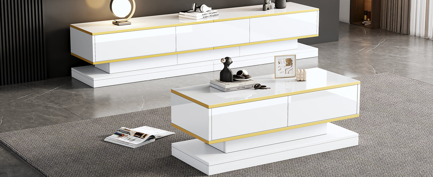 TV Stand & Coffee Table Set with 3-Drawer TV Console & 2-Drawer Coffee Table, White High Gloss & Gold