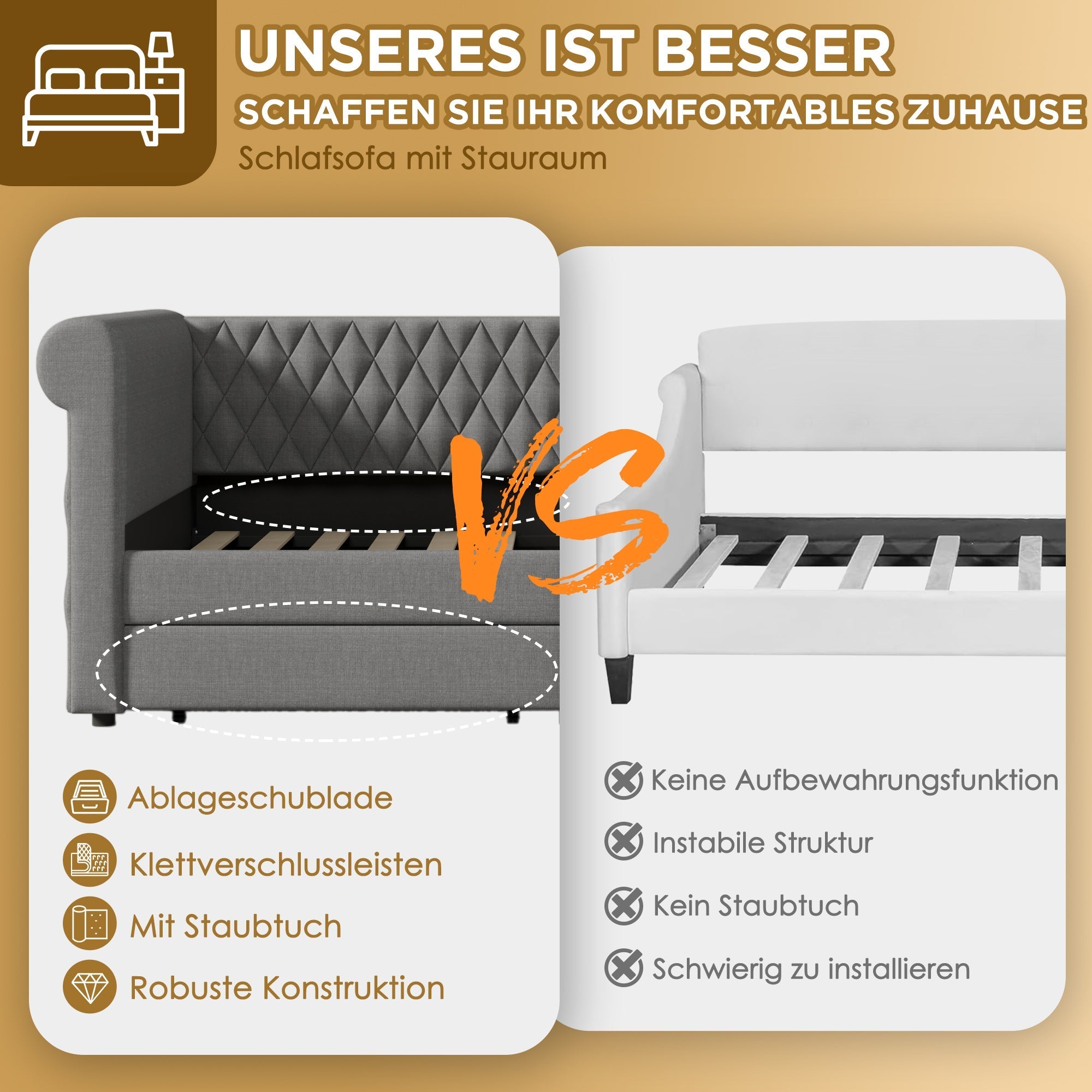 Vintage Headboard Upholstered Bed, 90x200 cm Daybed with 2 Storage Drawers, Linen Gray