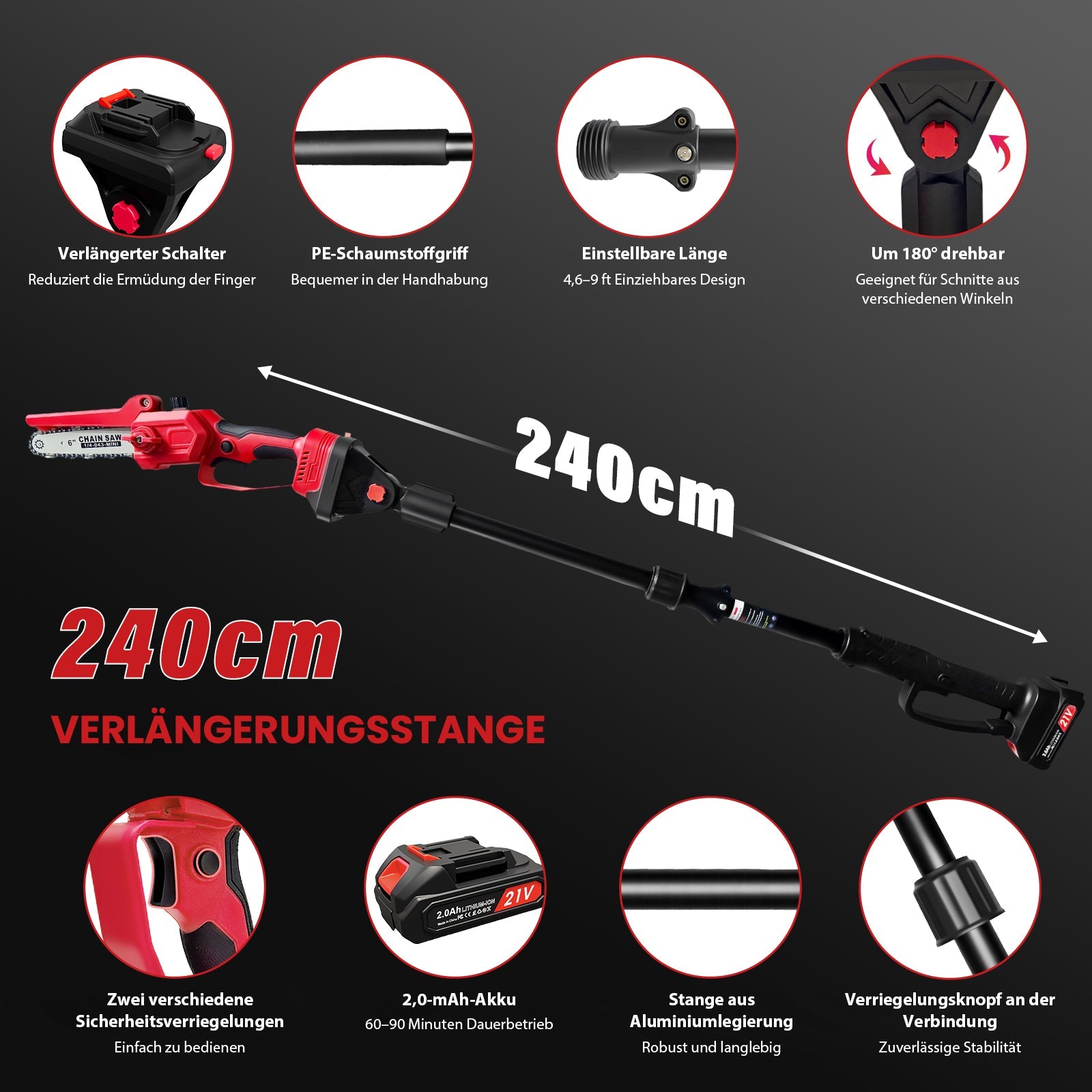 300W Cordless Pole Saw, Brushless Motor, 180° Head, Aluminum