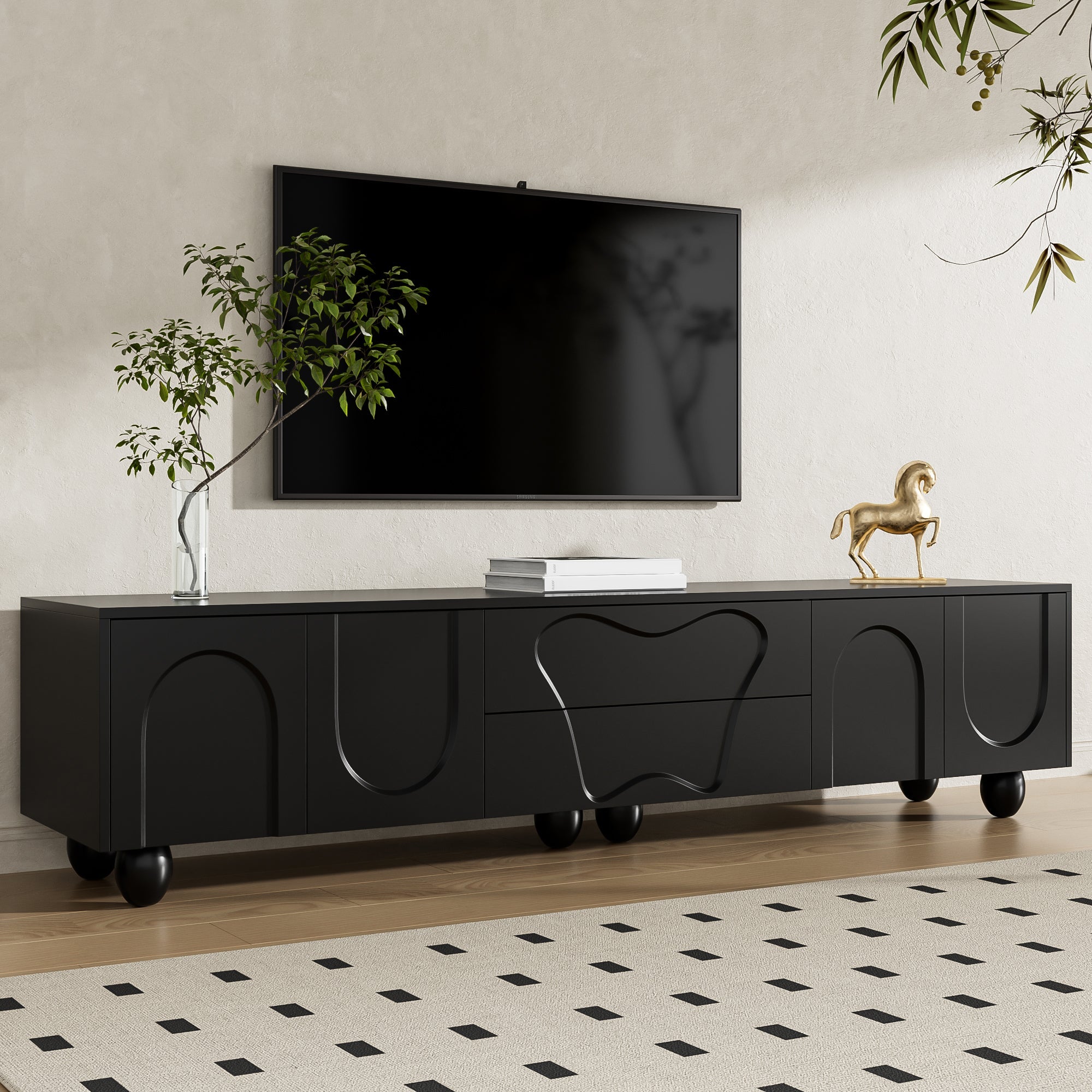 TV Cabinet, 180cm Minimalist Elegant Storage, Black Wooden