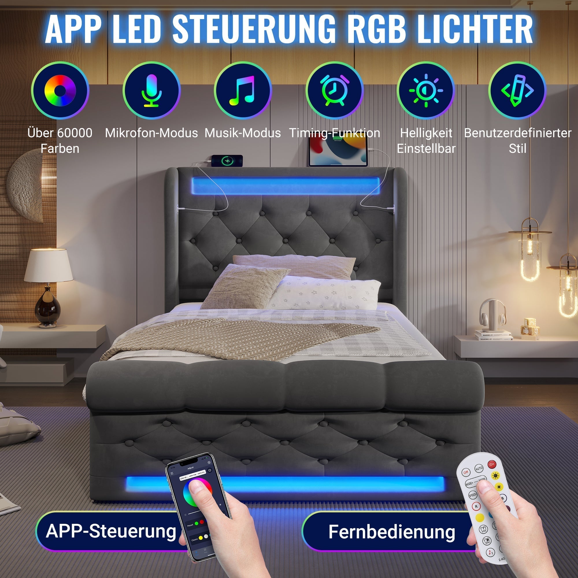 Upholstered Single Bed 90x200cm LED Headboard USB Hydraulic Storage Grey Velvet