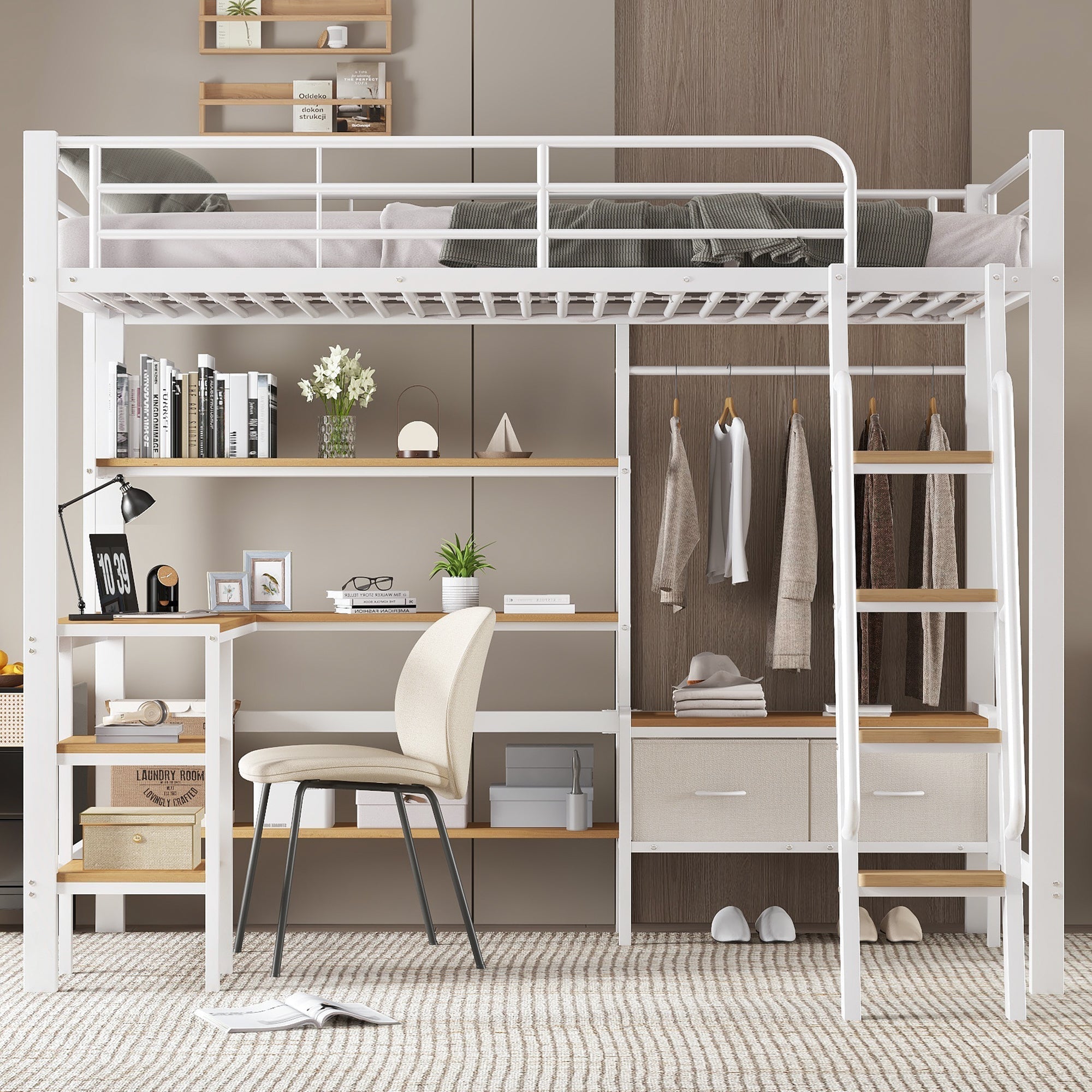 Loft Bed with Desk, Storage, Slanted Staircase, 90x200cm, Iron/MDF White/Natural