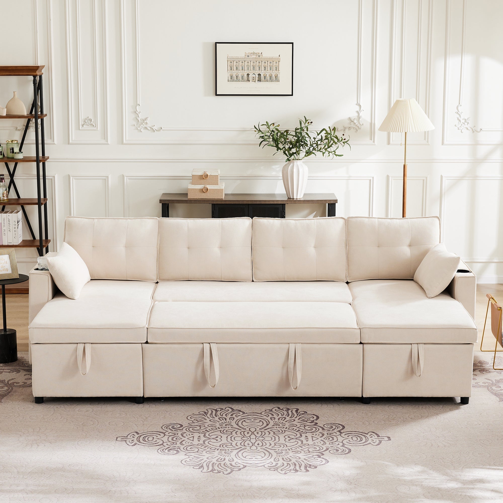 Sofa Bed, U-shaped Sleeper with Cupholder & Storage, Cotton Linen Fabric