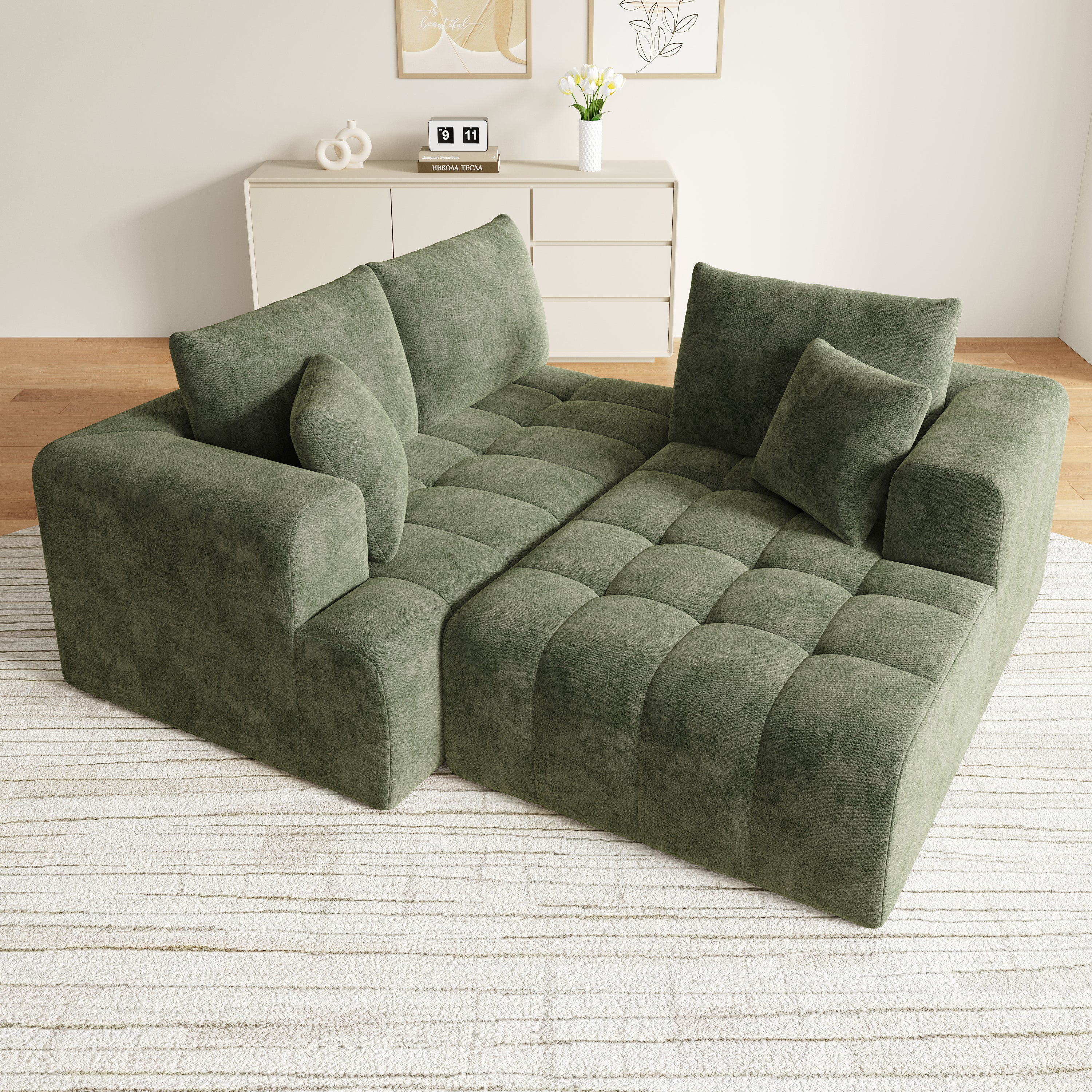 Modular L-shaped Cloud Sofa, Frameless Low-profile Design, Green Chenille Fabric