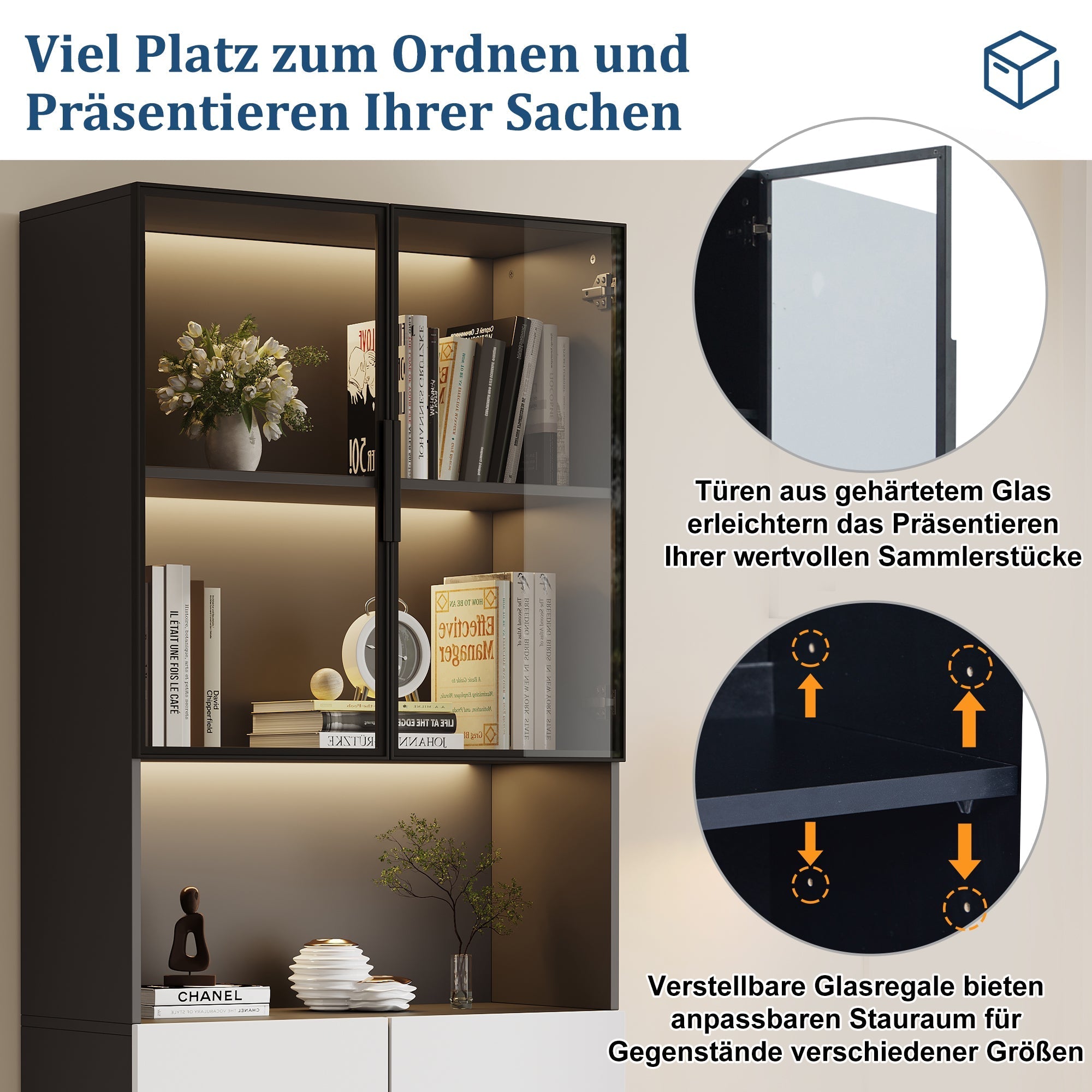 Display Cabinet Modern Minimalist Glass Doors LED Lights Adjustable - White/Black