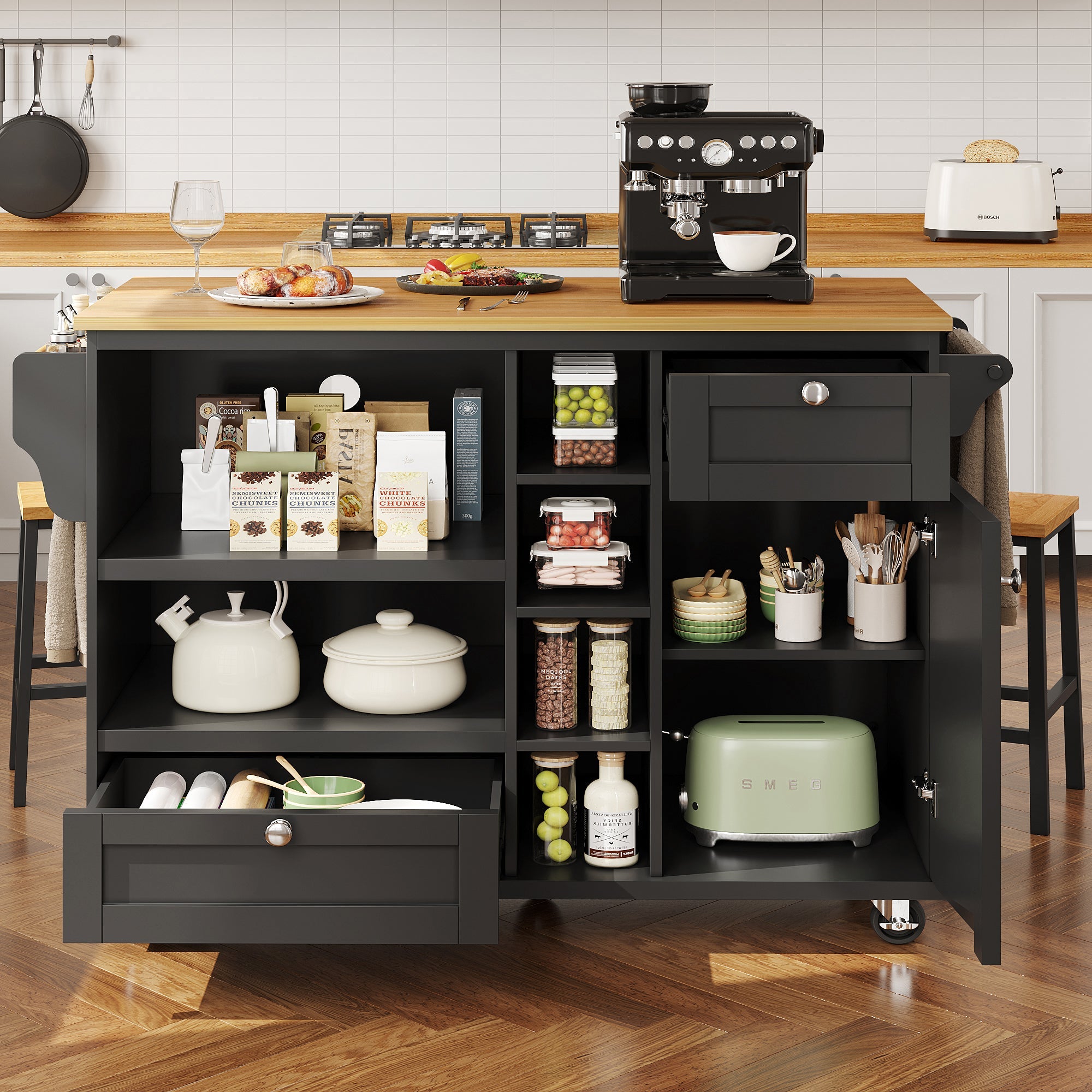 Dining Trolley Mobile Kitchen Storage Cabinet with Drawers, Black/Light Brown Wood