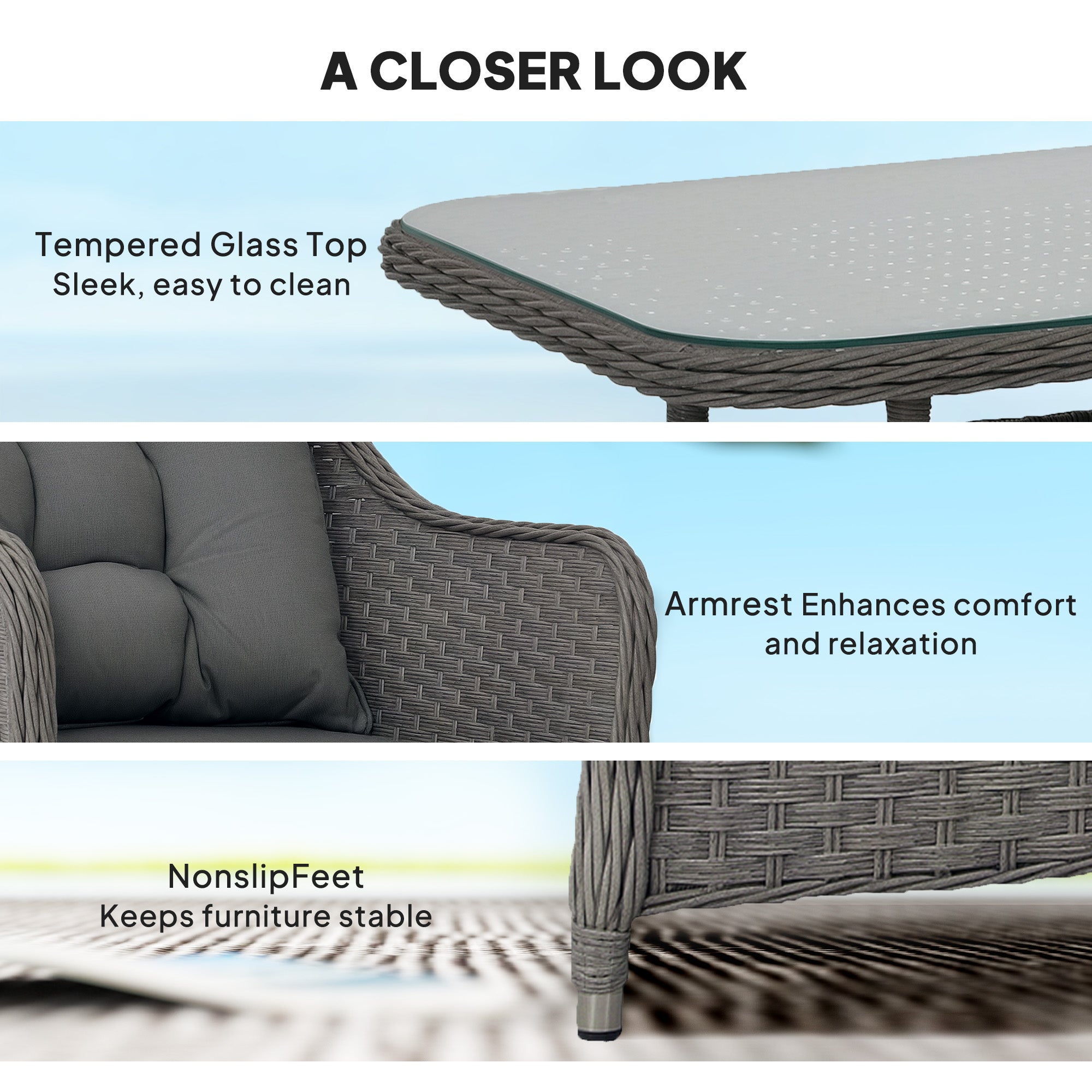 Four-Piece Rattan Set, Glass-Top Table, Light Grey