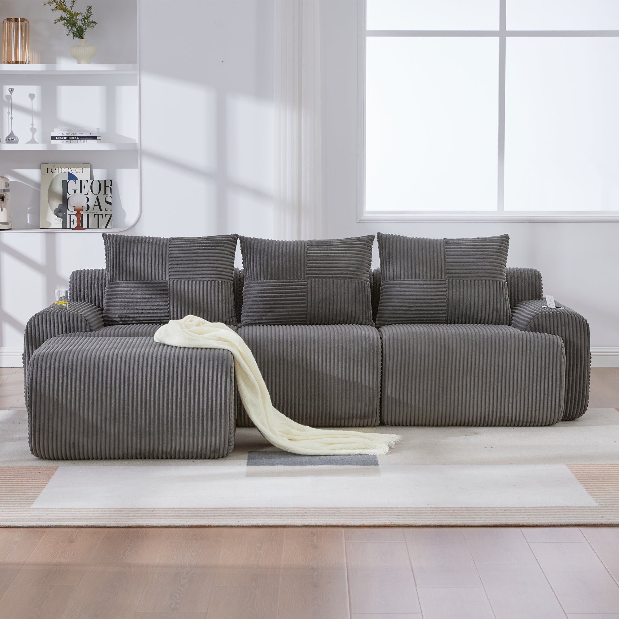 3-Seater Modular Corduroy Sofa with Ottomans, Cup Holders and Storage, Dark Grey
