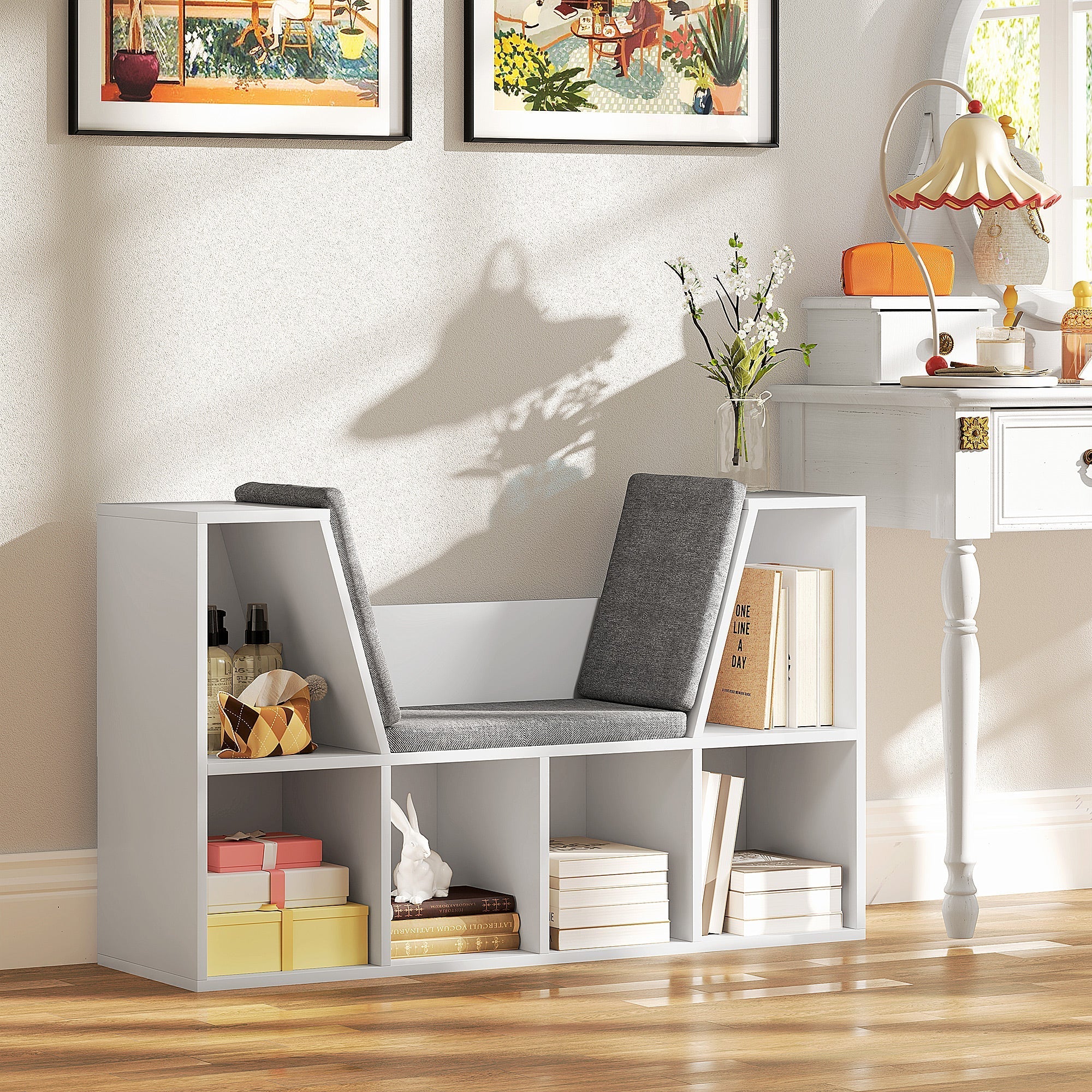 Bookshelf Storage with Seat Cushion 6 Compartment, Linen Look White