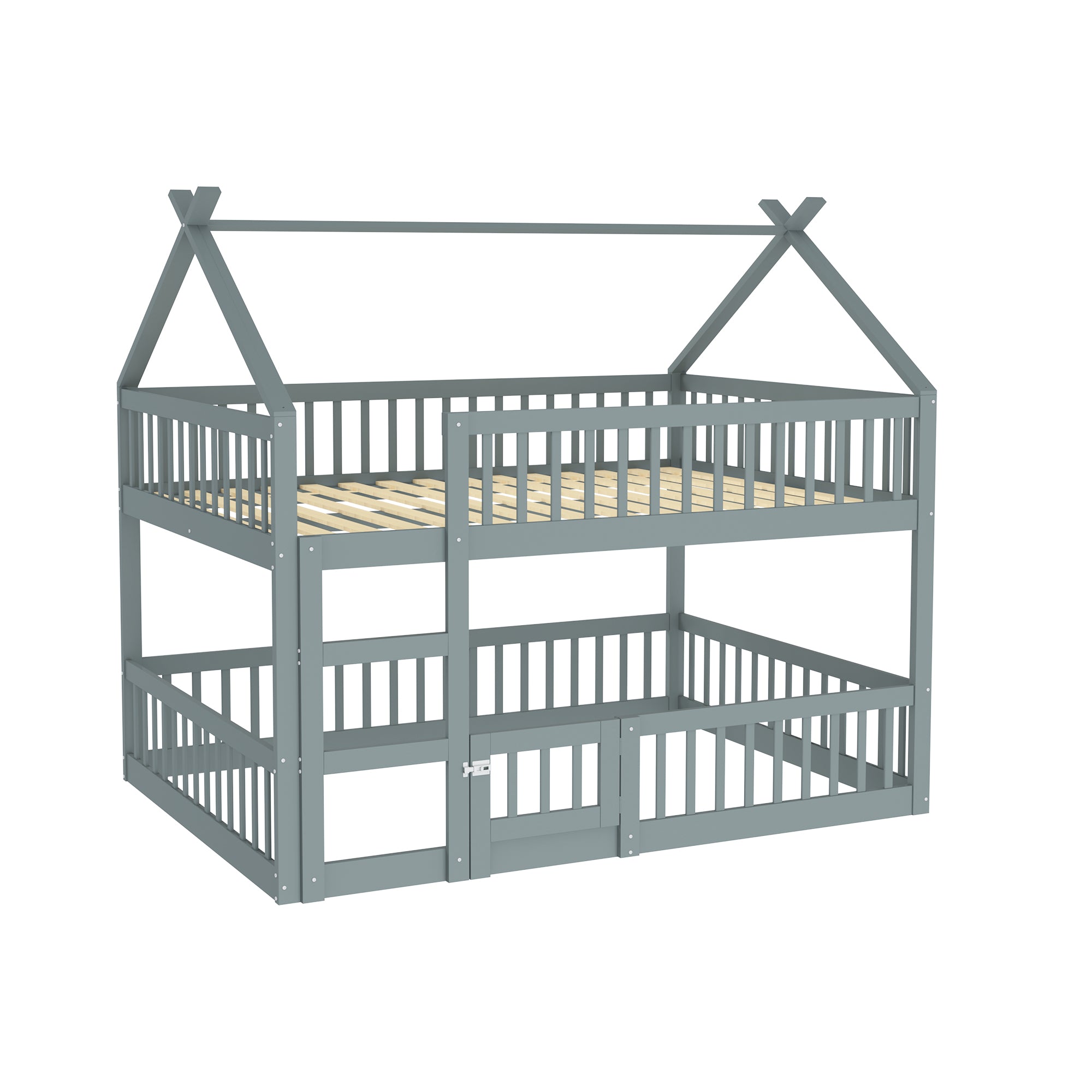 Bunk Bed, 140x200cm Family Bed with Stairs, Solid Wood, Grey